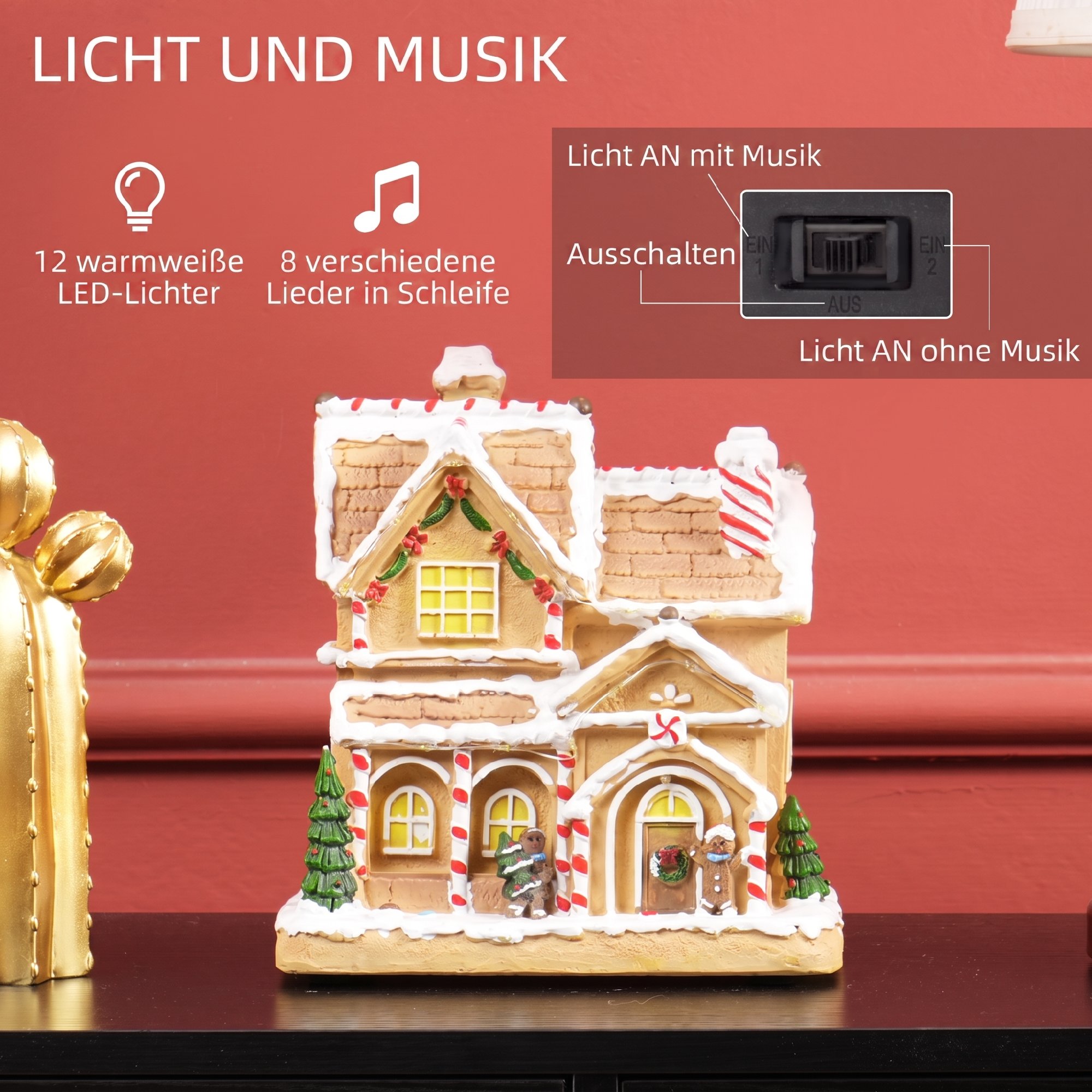 Lebkuchenhaus mit LED-Lichtern und Musik, Weihnachtshaus Winterlandschaft mit Lebkuchenmann, für Weihnachten, Braun