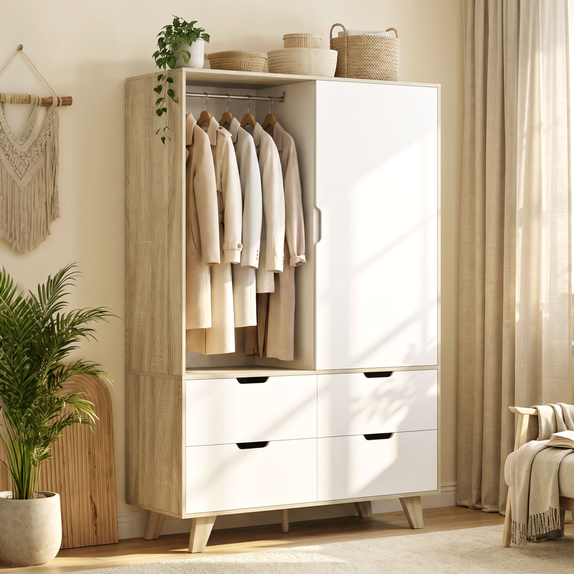 Moderner Kleiderschrank mit Schiebetüren, Kleiderstange, verstellbaren Böden und 4 Schubladen, Eiche/Weiß