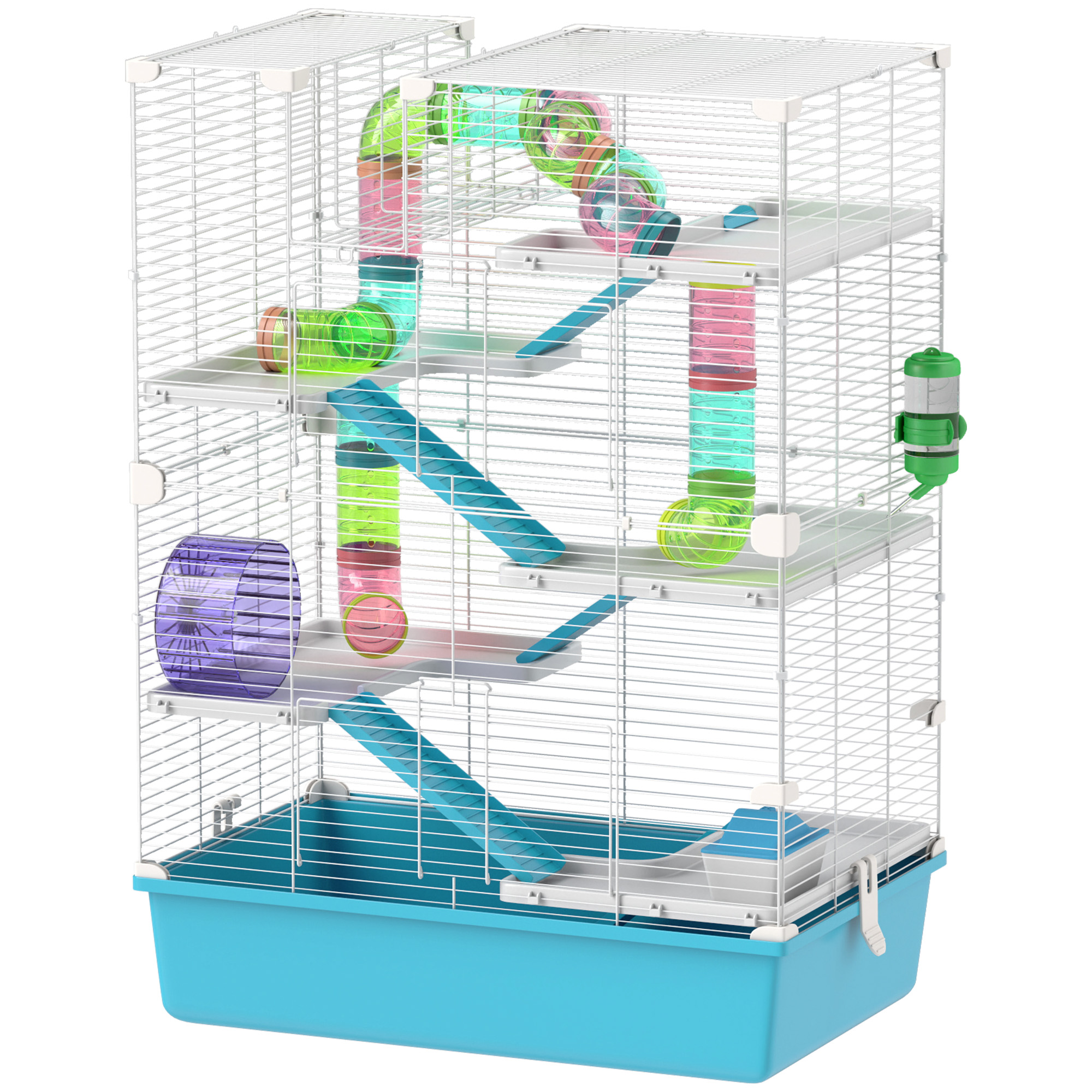 6-stöckiger Hamsterkäfig mit Röhren, Tunnels, Hütte, Laufrad, Futterschale, Wasserflasche, Rampen, Hellblau