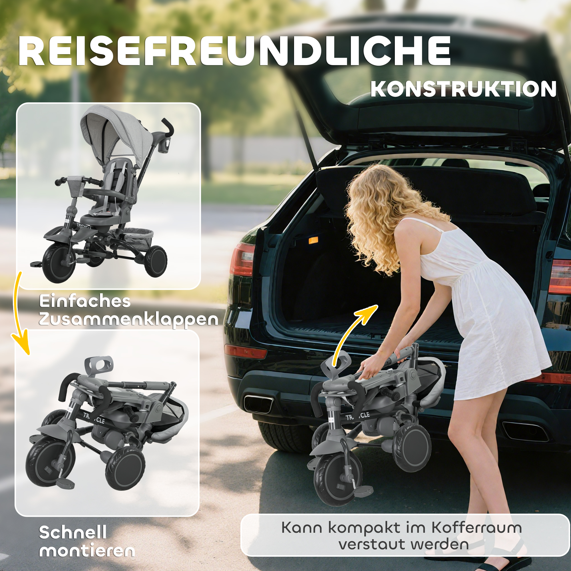 Kinderdreirad, 6-in-1 Buggy für Kleinkinder, mit Schiebegriff, verstellbarer Sitz, faltbares Design, Sicherheitsnetz, Grau