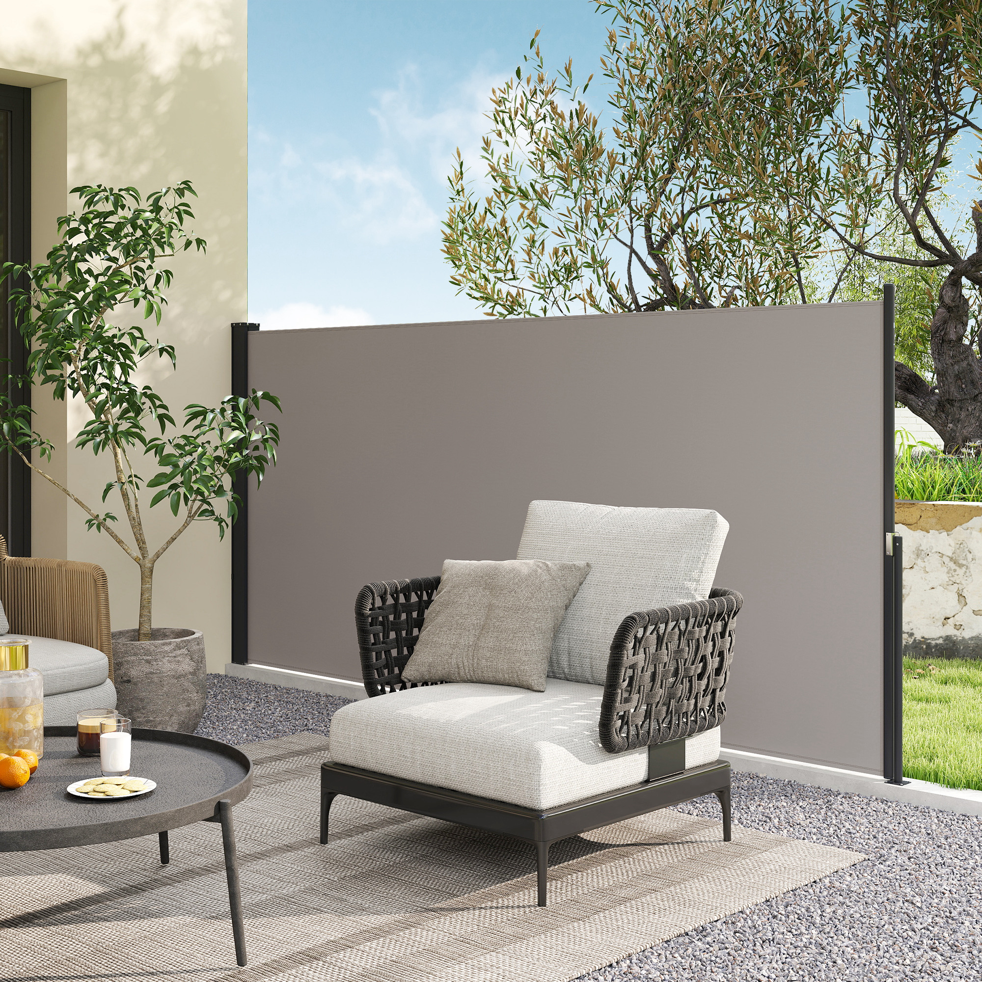 Seitenmarkise, Seitenrollo, ausziehbar, Sichtschutz, Aluminium/Polyester, 3 x 1,4 m, Hellgrau