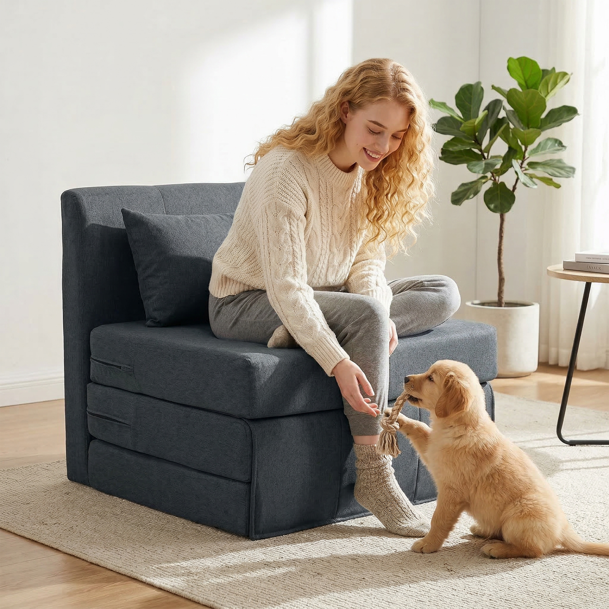 2-in-1 Schlafsessel Klappbares Sofa-Bett mit Leinenstruktur, Gepolstertes Gästebett Klappstuhl, Dunkelgrau