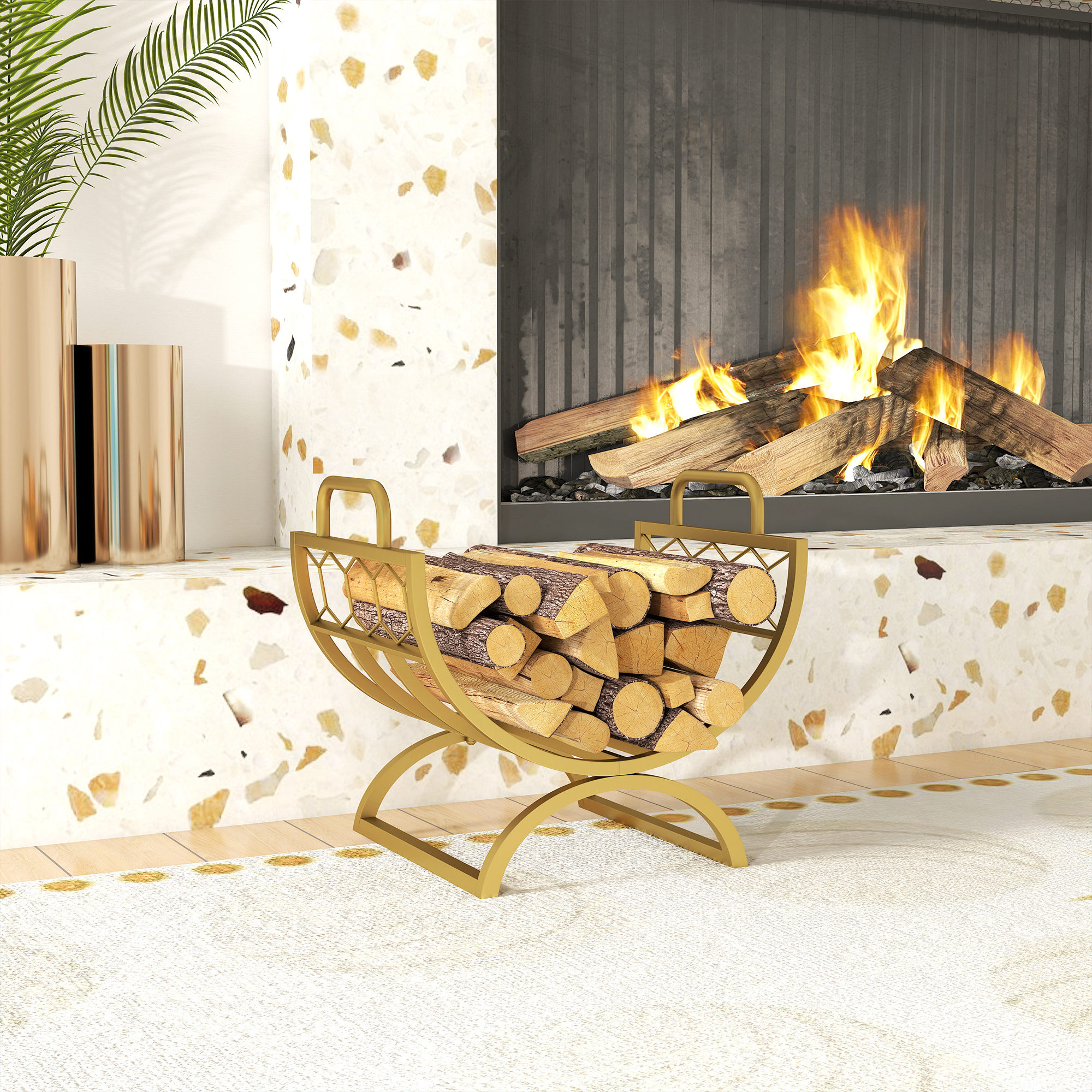 Kaminholzregal für innen 46 x 36 x 41cm Brennholzregal für Kamin Ofen Metall Gold