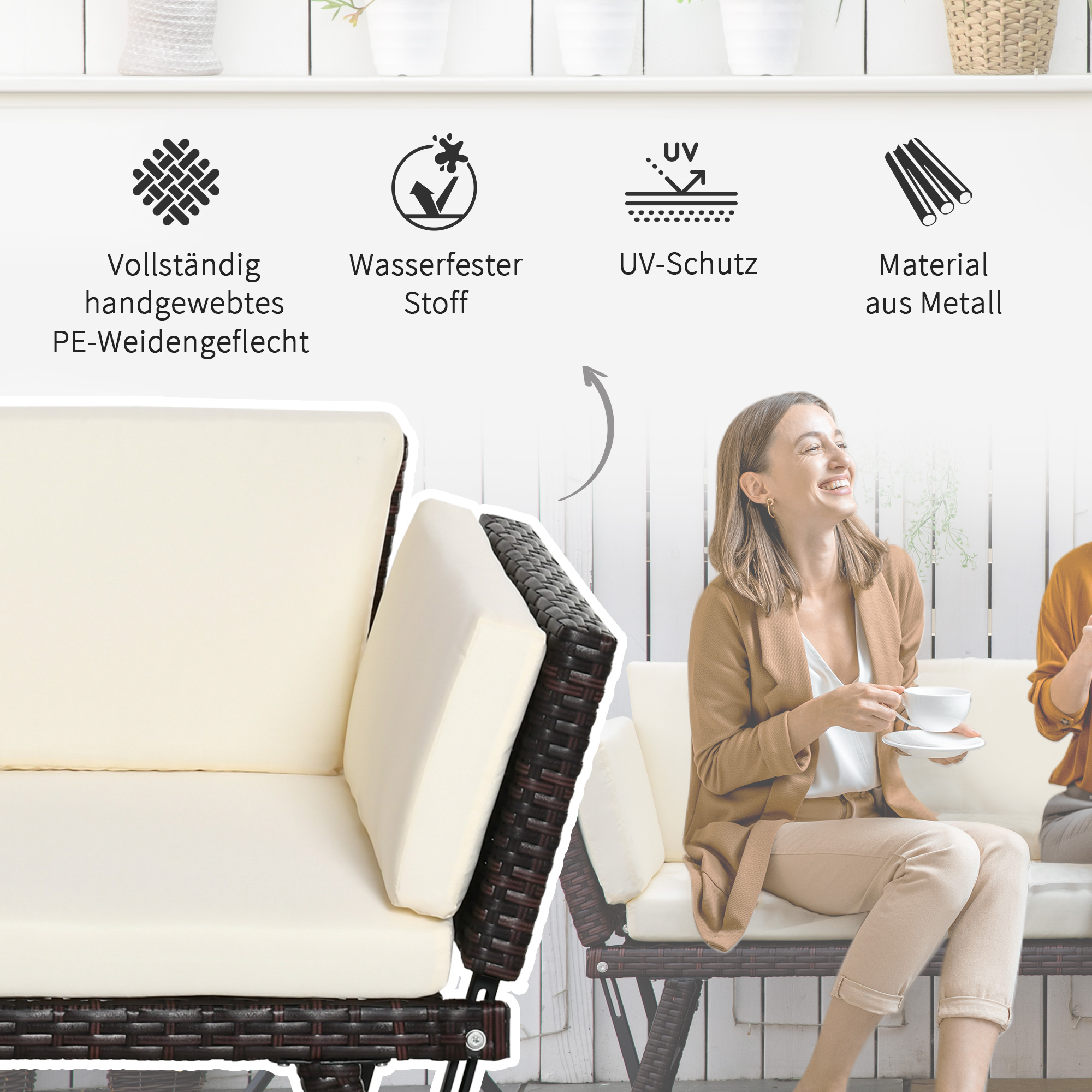 Polyrattan Gartensofa 2 Sitzer Gartenmöbel Loungesofa Gartenbank Gartenliege klappbar Armlehnen Stahl Braun 129 x 63 x 67 cm