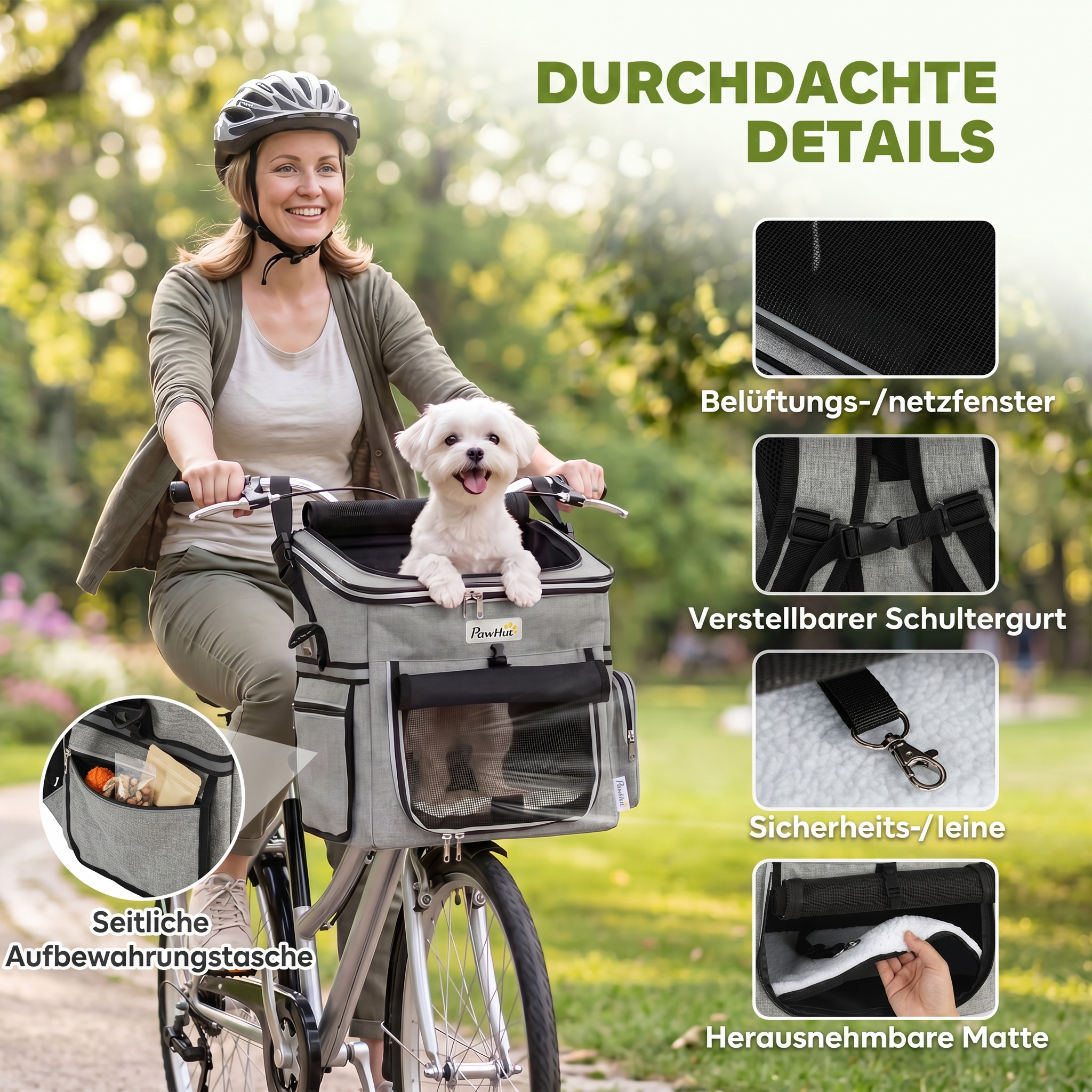 Hundekorb Fahrrad Vorne Tragbar Hundefahrradkorb mit Sicherheitsleine Kissen Schüssel für Kleine Hunde bis 5kg Hellgrau
