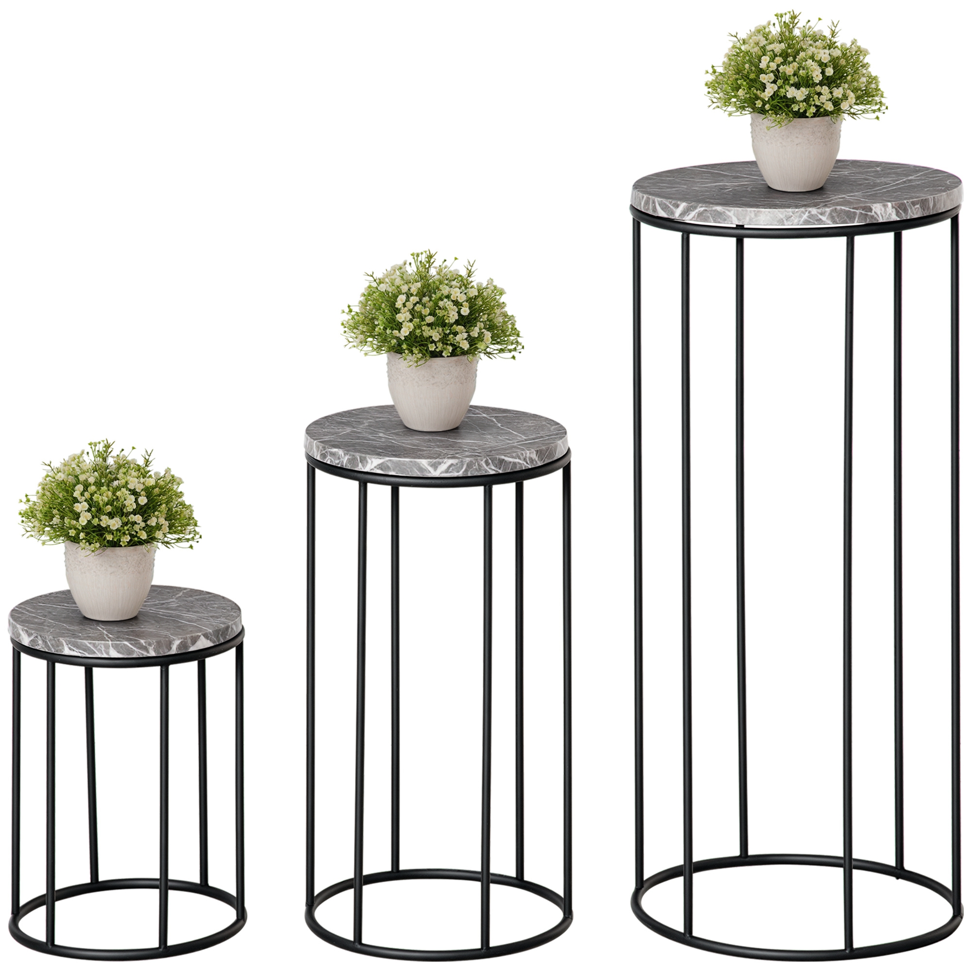 Blumenständer 3er Set aus Metall Pflanzenständer Set in Marmoroptik Blumenhocker Blumentopfhalter Stapelbar Pflanzenhocker für Blumentopf Schwarz+Grau