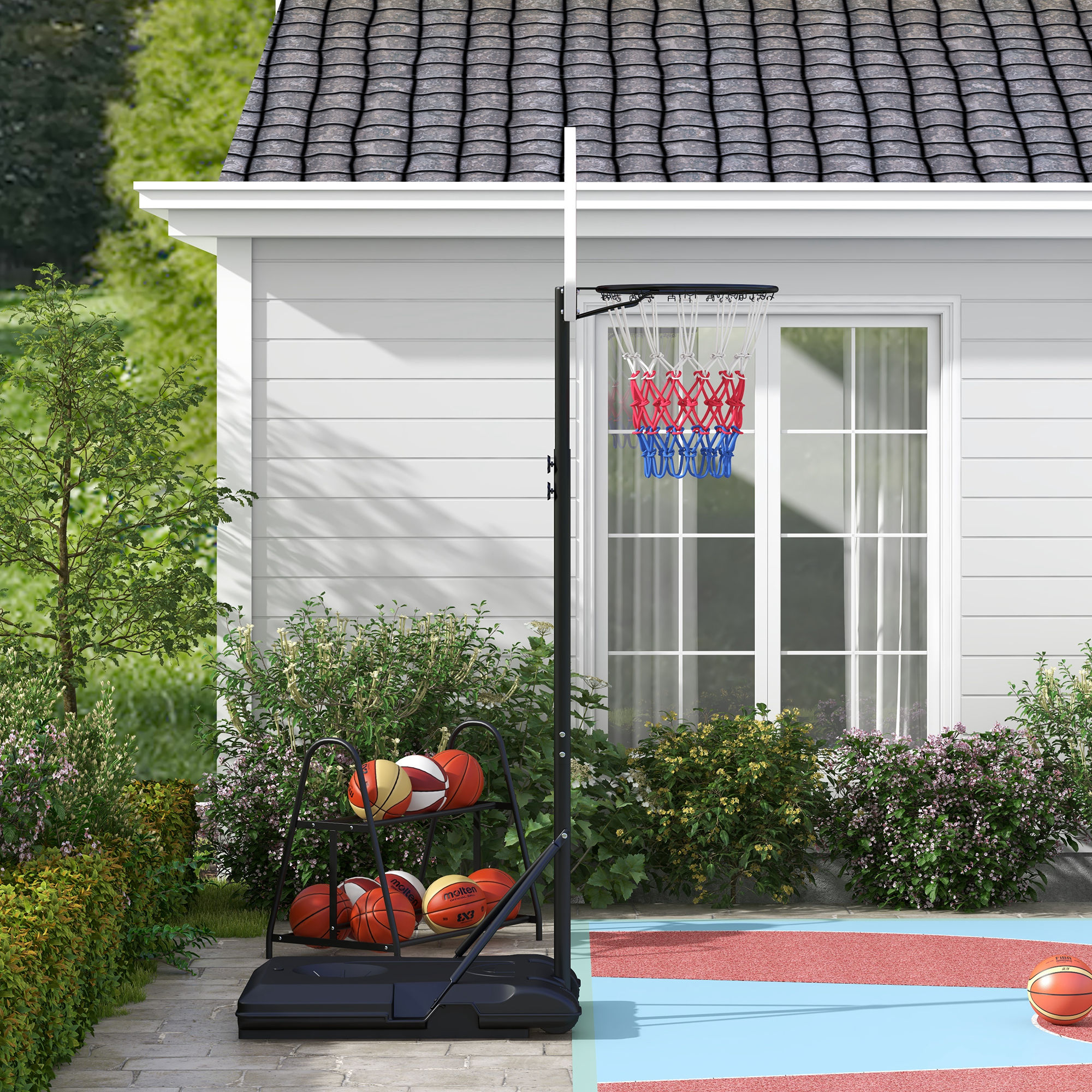 Höhenverstellbarer Basketballkorb, freistehend, mit Netz und Rädern, große Basis, 179-209 cm, Kunststoff, Stahl