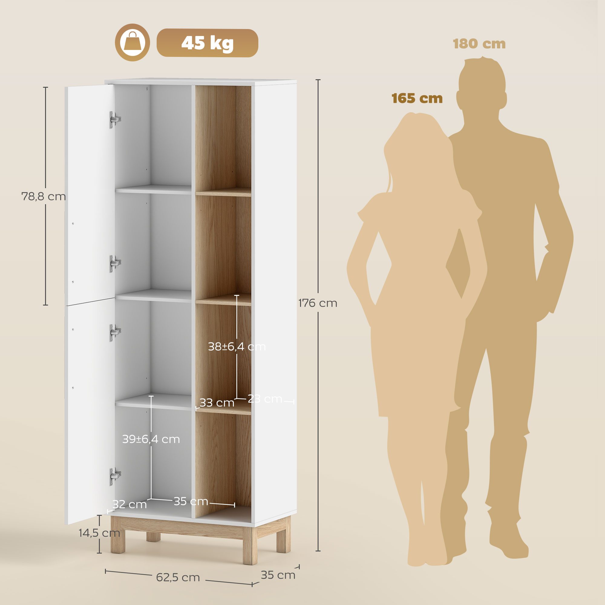 176 cm großes Bücherregal, 4 offene Regale, 2 Schränke, freistehender Bücherschrank, MDF, Weiß