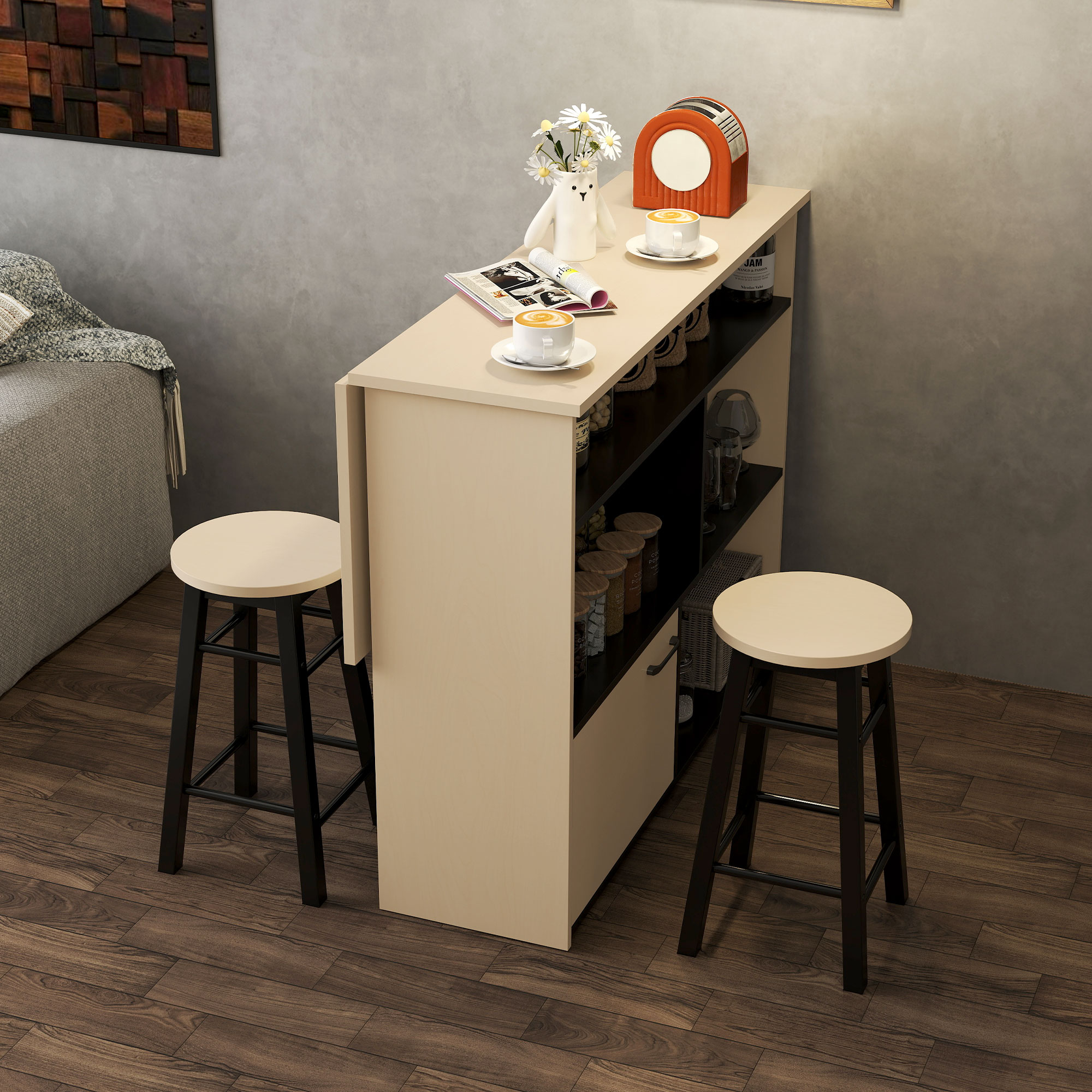 3-tlg. Barset, Bartisch mit klappbarer Tischplatte, 2 Barhocker, 6 Staufächer, schwarz+Eiche, 116 x 70 x 89,5 cm