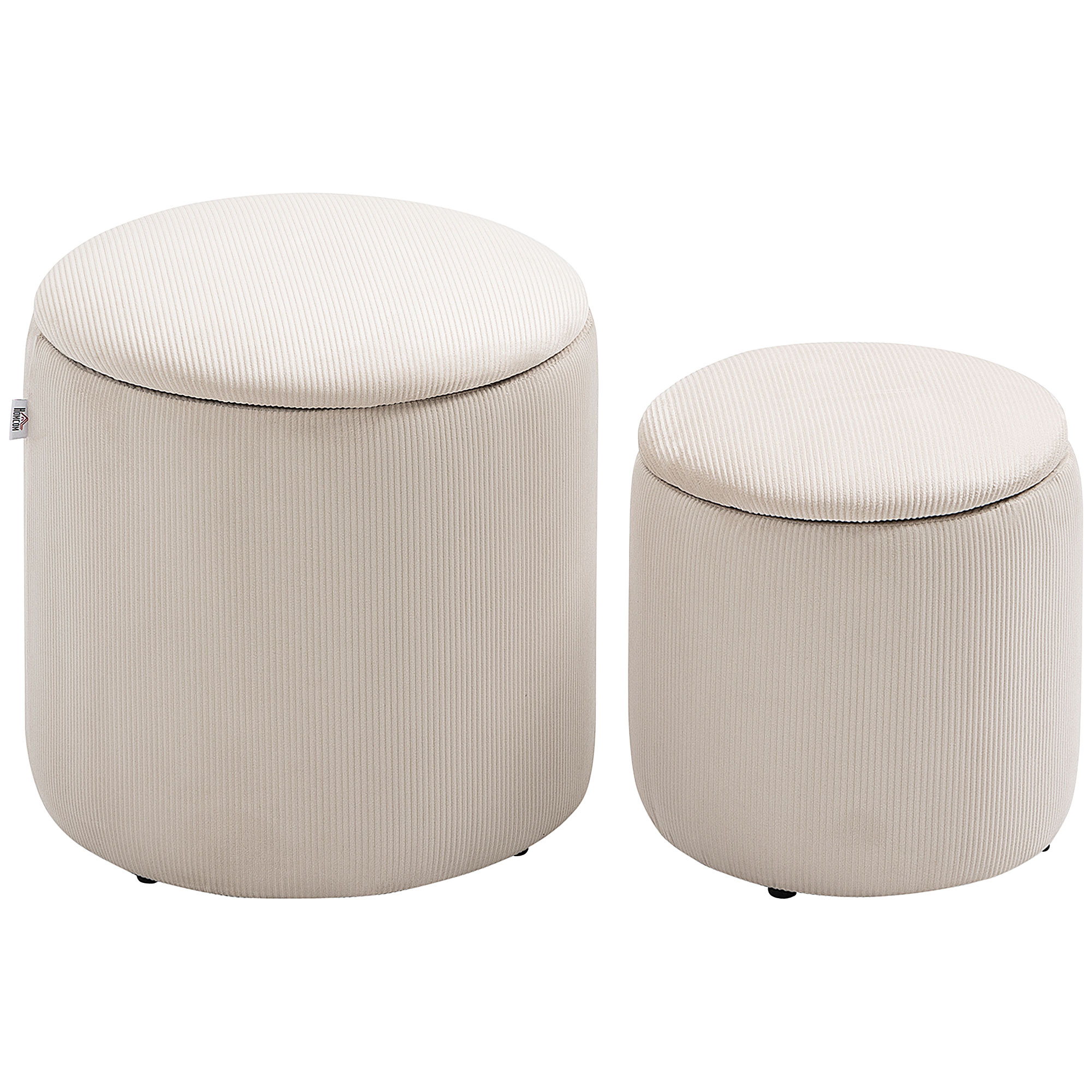Hocker Ottomane, Zweier-Set, mit Stauraum, weiche Polsterung, Bezug in Cordoptik, Cremeweiß, 40 x 40 x 41cm