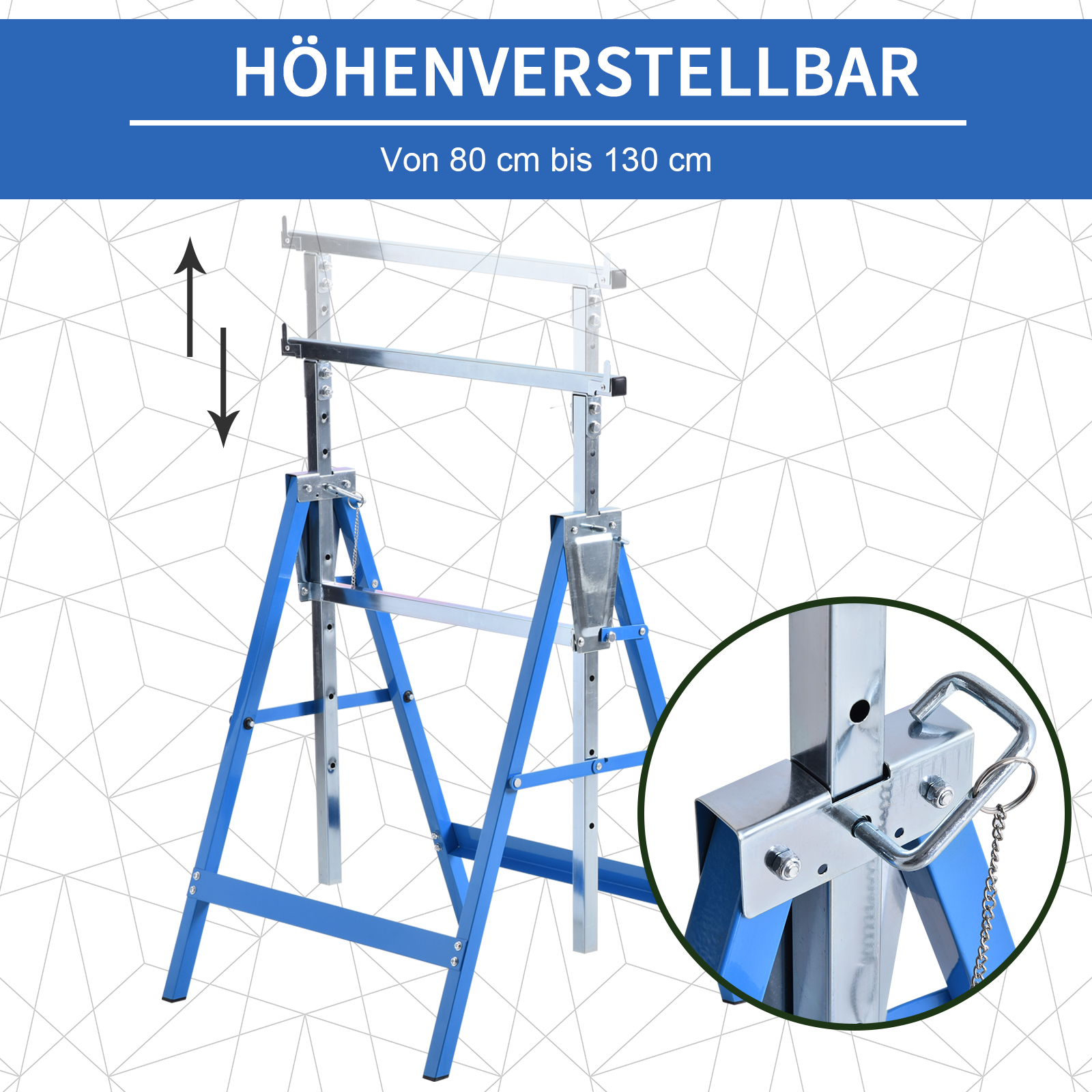 2er Set Arbeitsbock Belastbarkeit bis 200 kg klappbar Sägebock höhenverstellbar 80-130 cm Gerüstbock aus Stahl Unterstellbock Klappbock Stützbock Blau