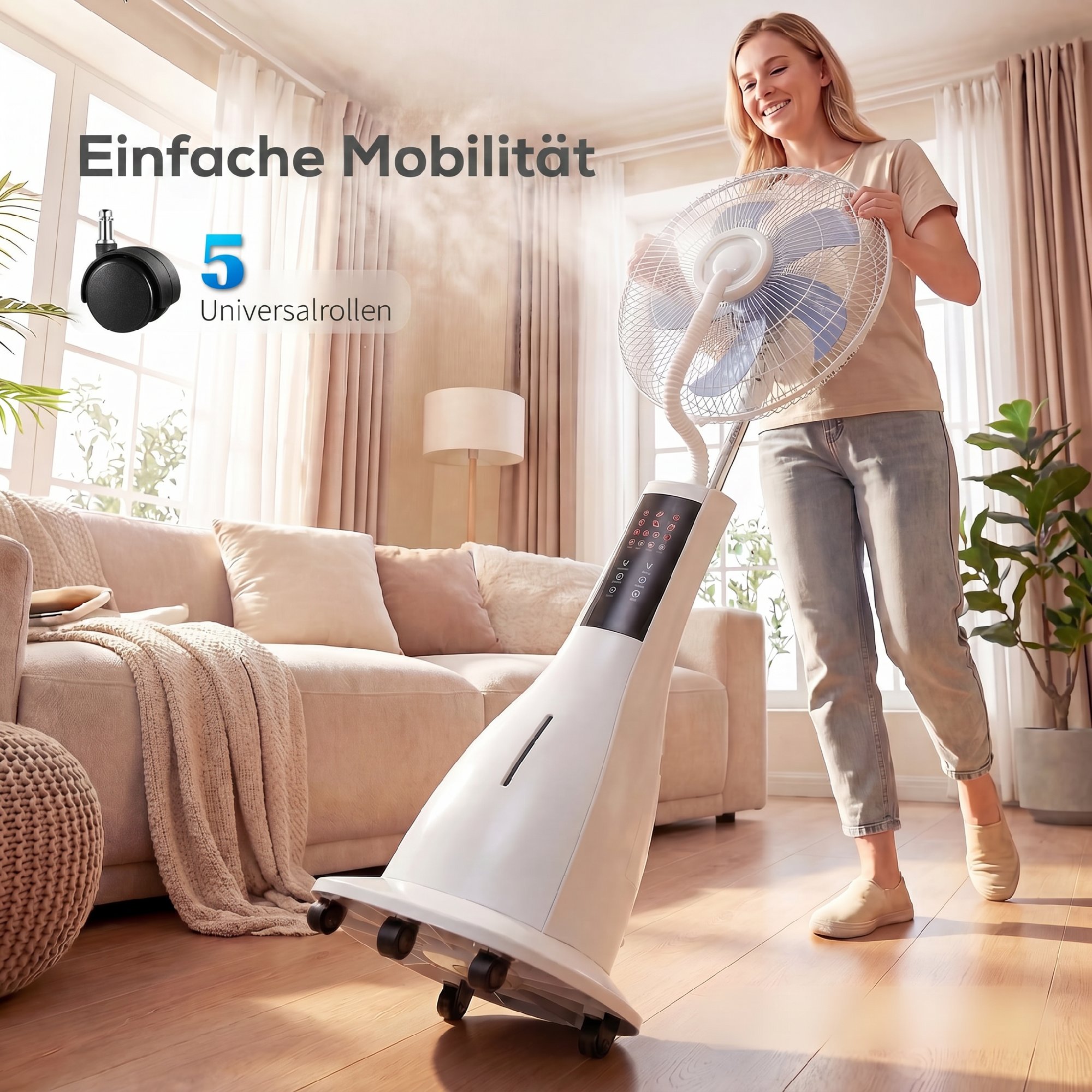 Stehventilator mit Wassernebel, 75° Oszillation, 3 Geschwindigkeiten, 3 Modi, Weiß
