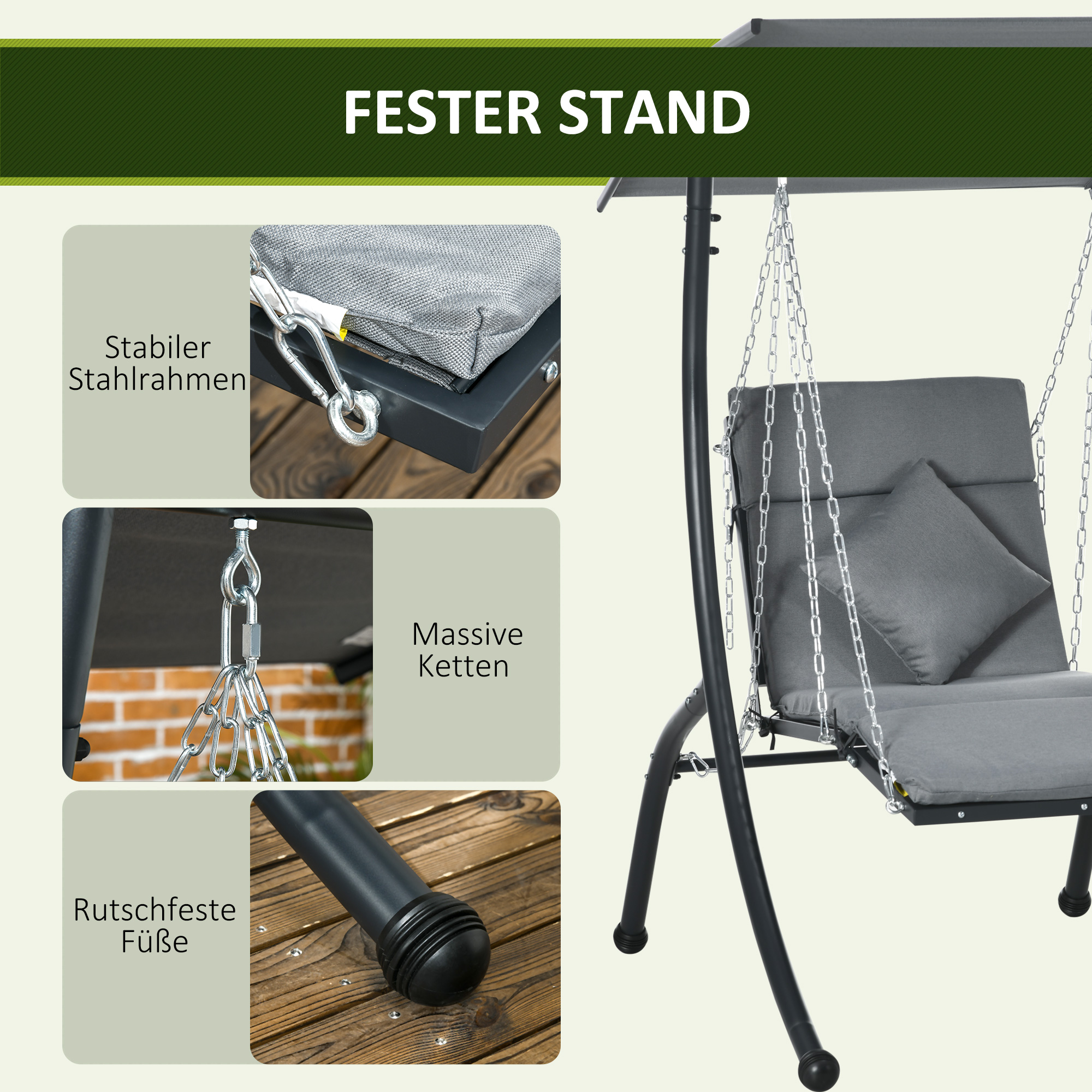 Hängeliege, neigbares Dach, inkl. Sitzauflage, Kopfkissen, Stahlrahmen, dunkelgrau, 108 x 145 x 169 cm