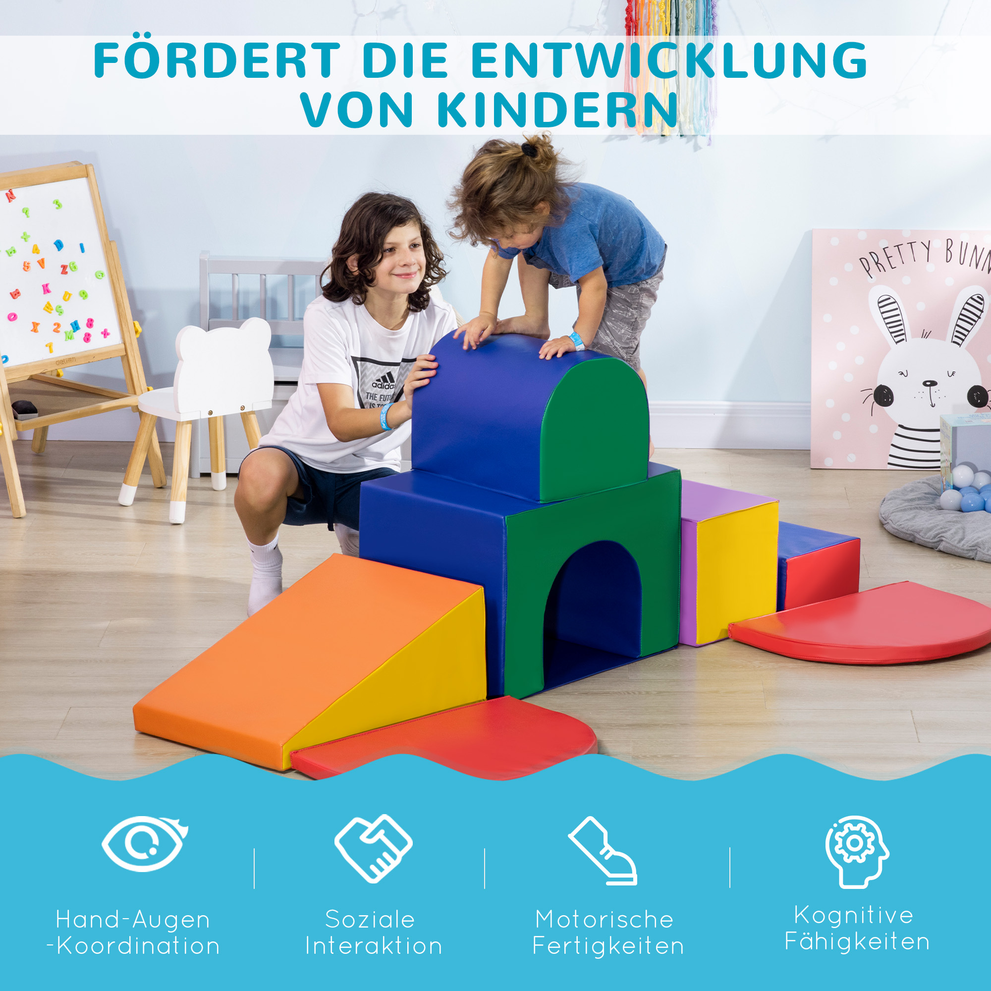 Saftbaustein-Set für Kinder, Schaumstoffblöcke, Quadrat, Treppe, Rampe, Kunstleder, Mehrfarbig