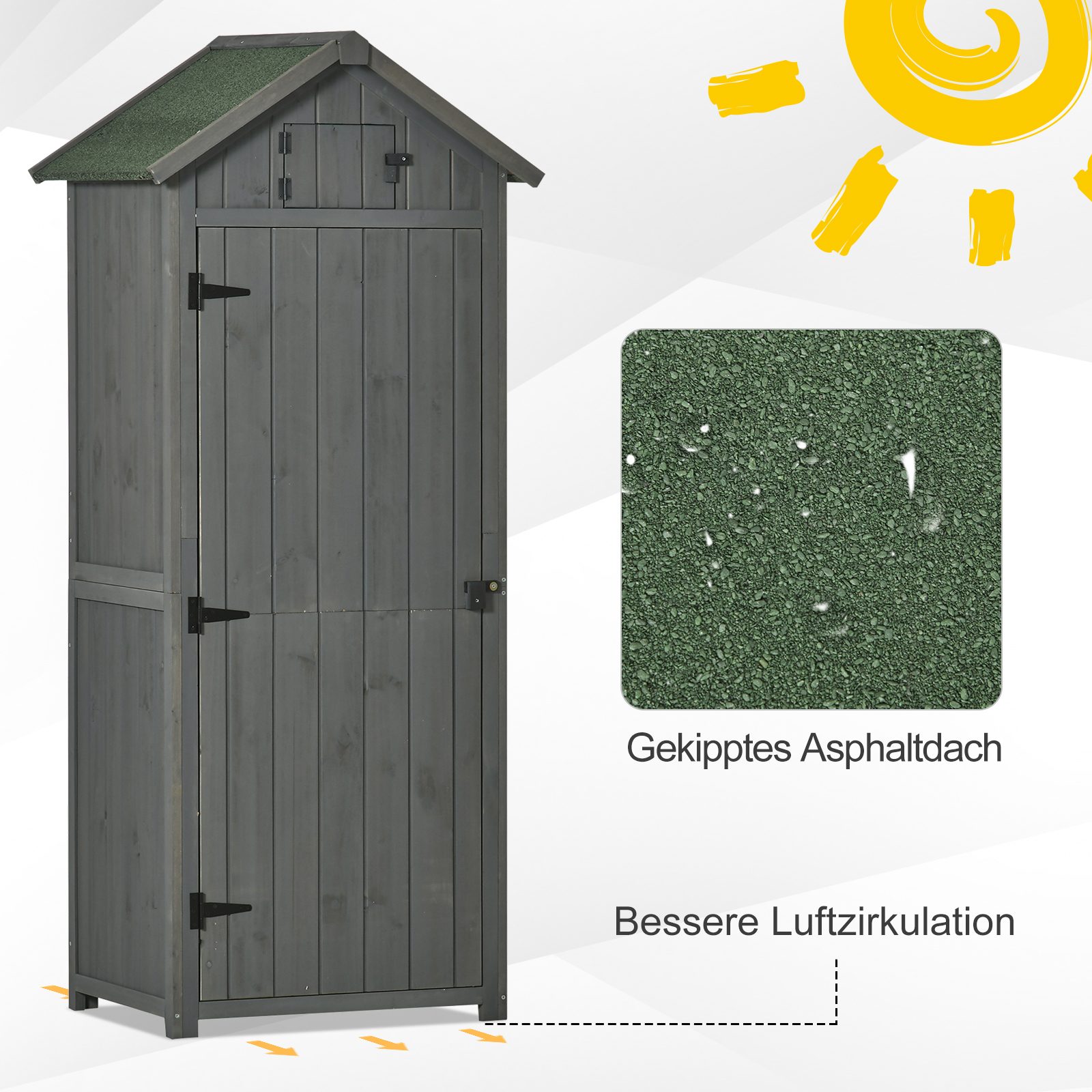 Gartenschrank Holz abnehmbare Eckregale Gekipptes Asphaltdach Verriegelte Türen wasserfest 77x54,2x179cm