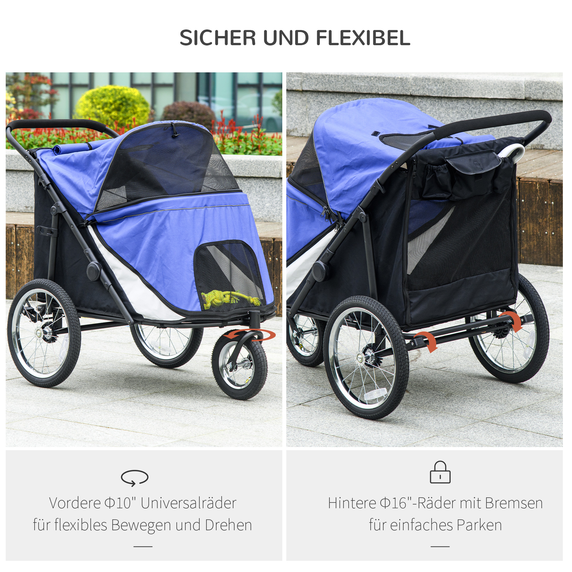 Hundebuggy, faltbar, aufklappbar, Liegekissen, Stahlrahmen, Blau/Schwarz