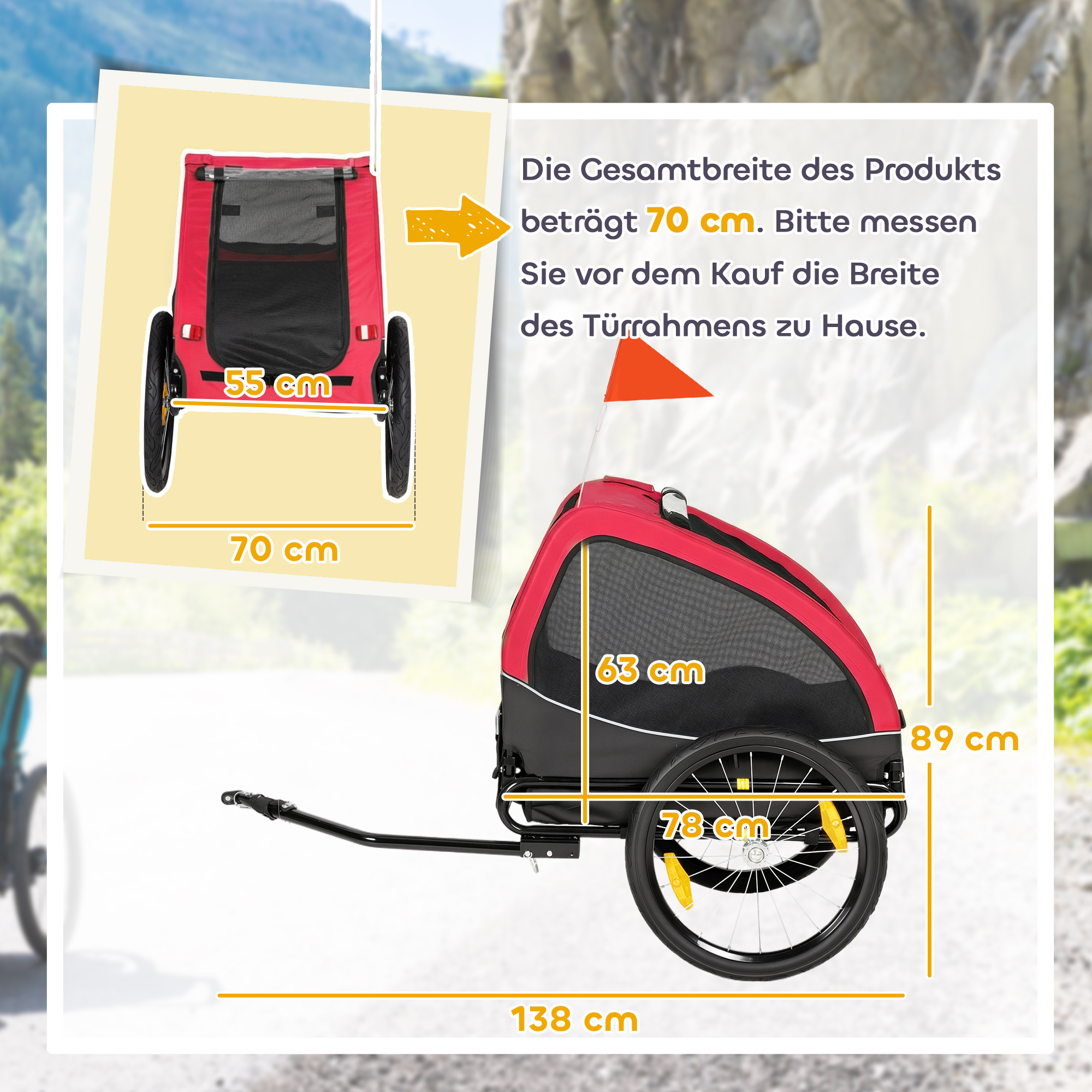 Hundeanhänger Faltbar mit Reflektoren Mesh-Fenster Rädern Tür Sicherheitsflagge für Hunde bis 20 kg 138x70x89 cm Rot