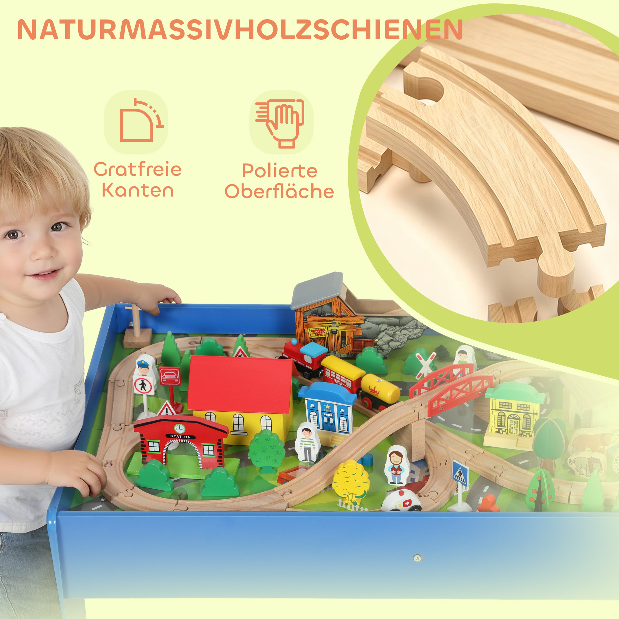 Spieltisch, 108-teiliges Eisenbahn-Set aus Holz, mit abnehmbarer Tischplatte, Eisenbahntisch, 98x60,5x40 cm, Blau