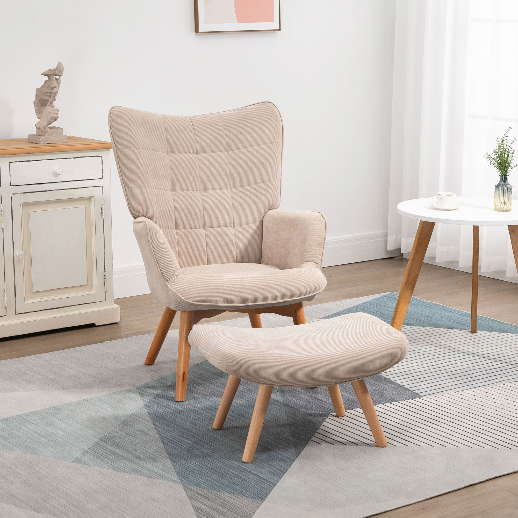 Akzentsessel mit Hocker, Relaxsessel in Cord-Optik, Armlehnstuhl mit Holzbeinen, für Wohnzimmer, Beige