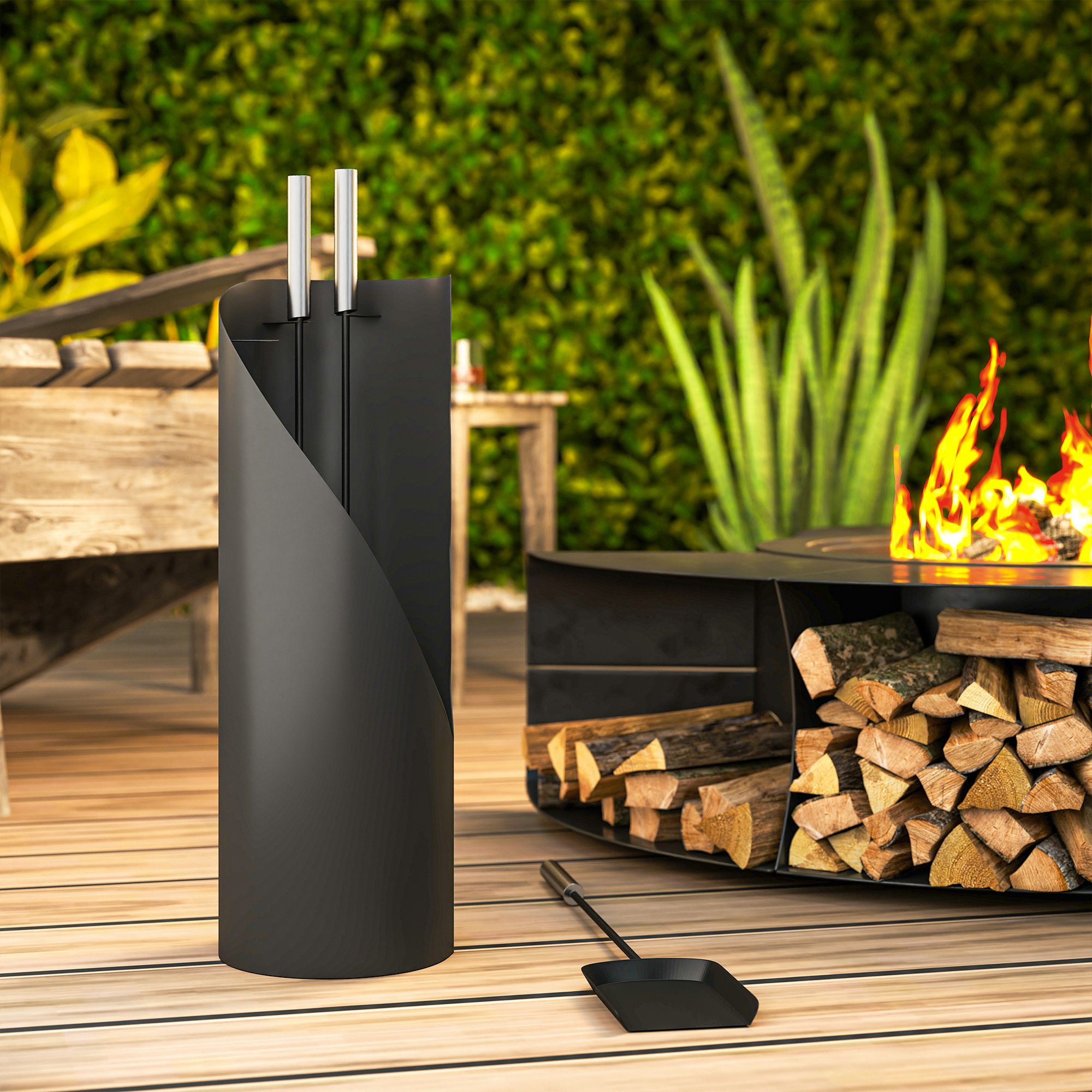 Kaminbesteck Set 4-teilig Kaminzubehör mit Besen, Schaufel, Schürhaken und Korb, Kamingarnitur, Metall, Schwarz