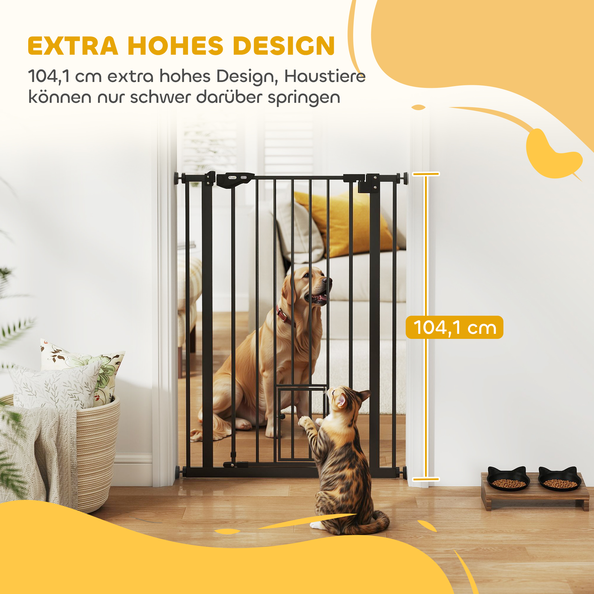 Hunde-Absperrgitter, doppelte Verriegelung, selbstschließende Tür, 104 cm hoch, Stahl, Schwarz