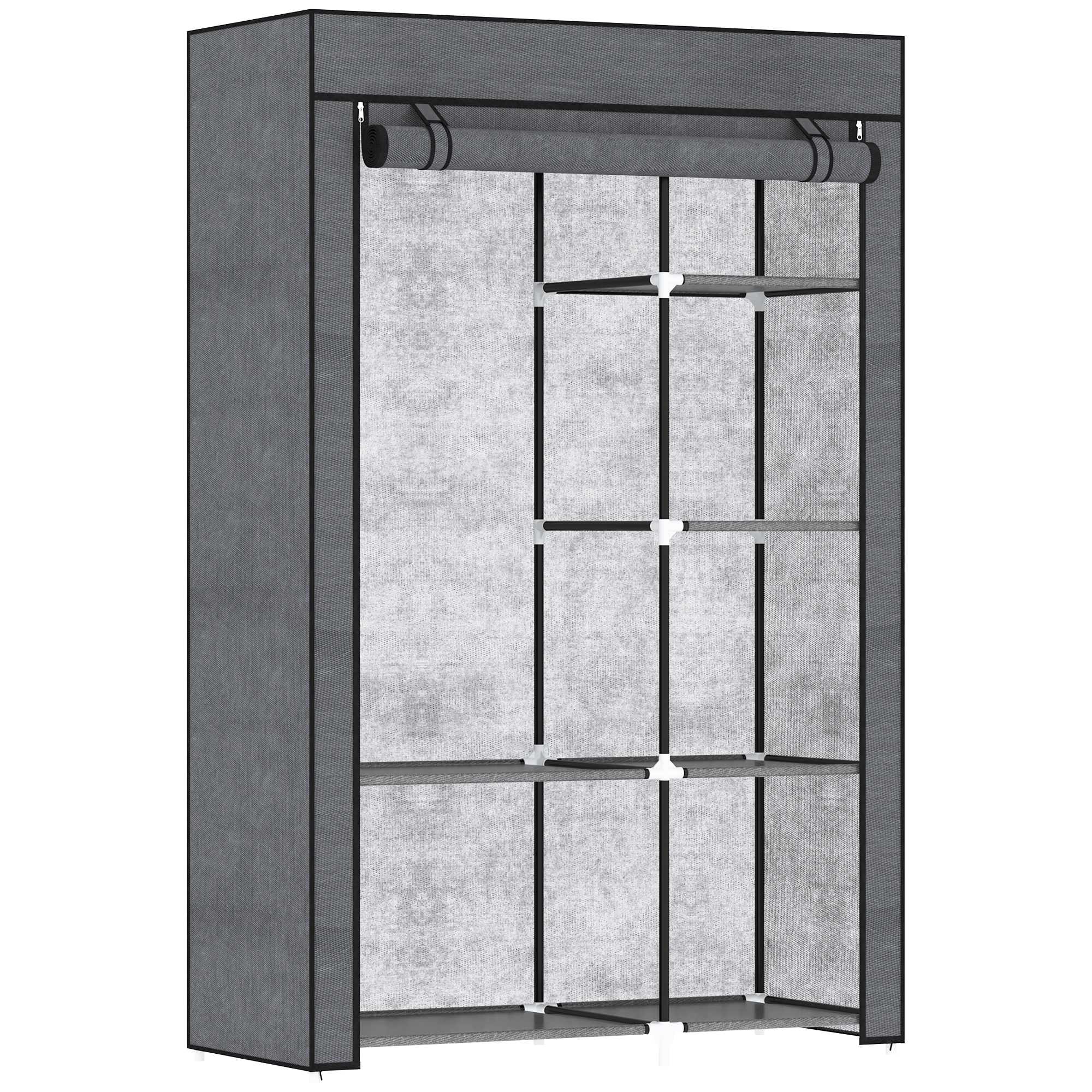 Schrank aus Stoff, Aufbewahrungslösung, 6 Regale, 1 Kleiderstange, Dunkelgrau