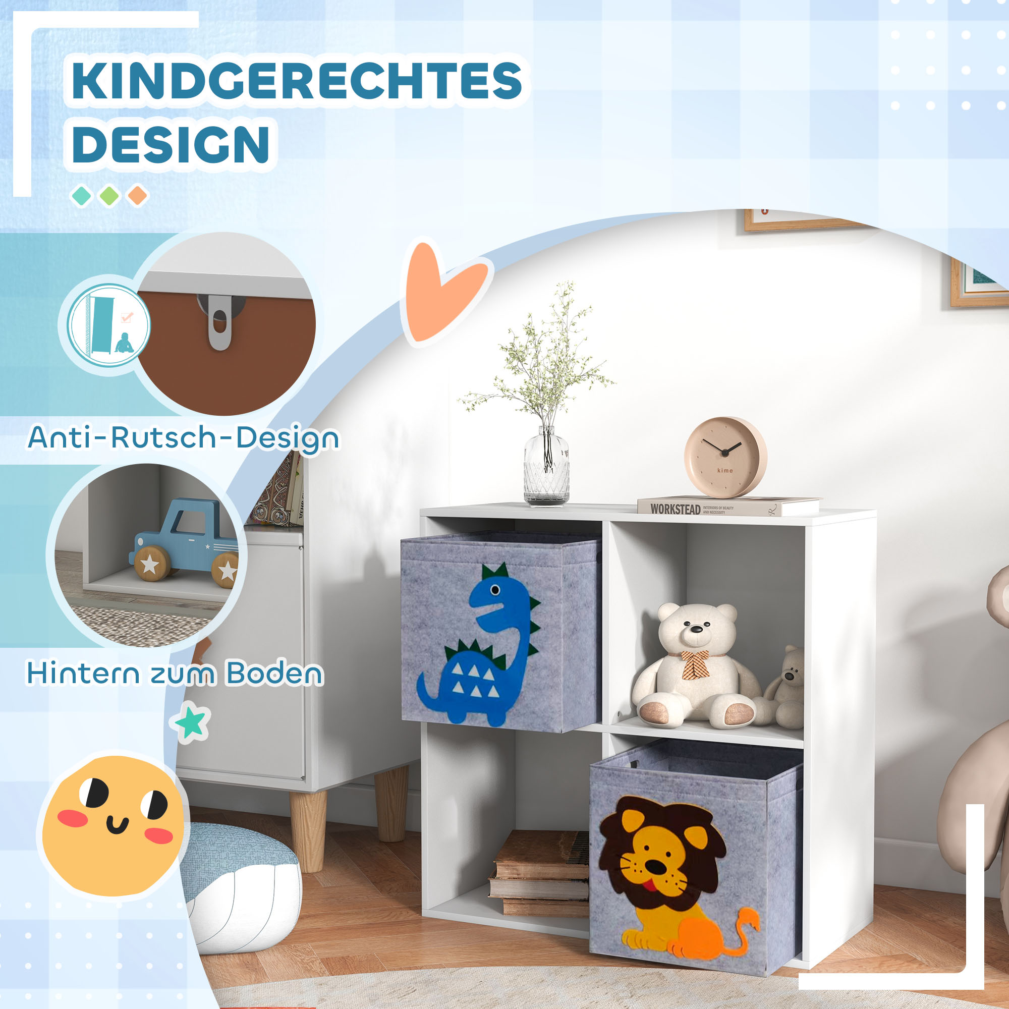 Aufbewahrungsregal für Kinder, Würfel, Schubladen, MDF, Kippschutz, Weiß