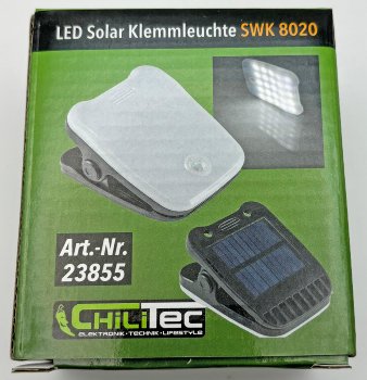 LED Solar Klemmleuchte "SWK 8020" / PIR Bewegungsmelder, 25 LEDs, IP44