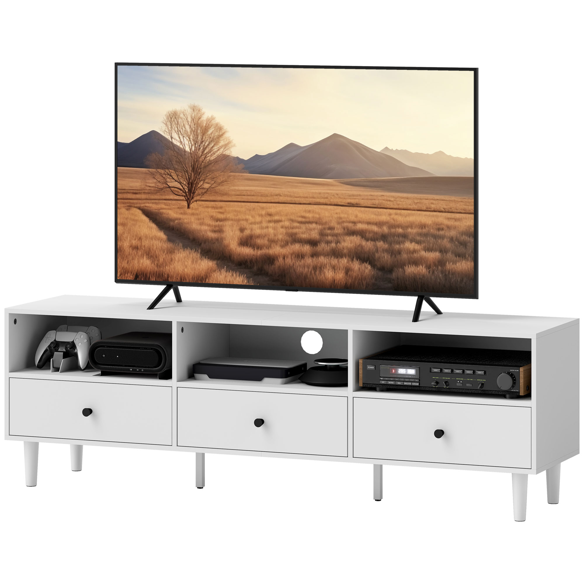 TV-Kommode, TV-Ständer für 75-Zoll-Bildschirme, 3 offene Fächer, 3 Schubladen, Spanplatte, Weiß
