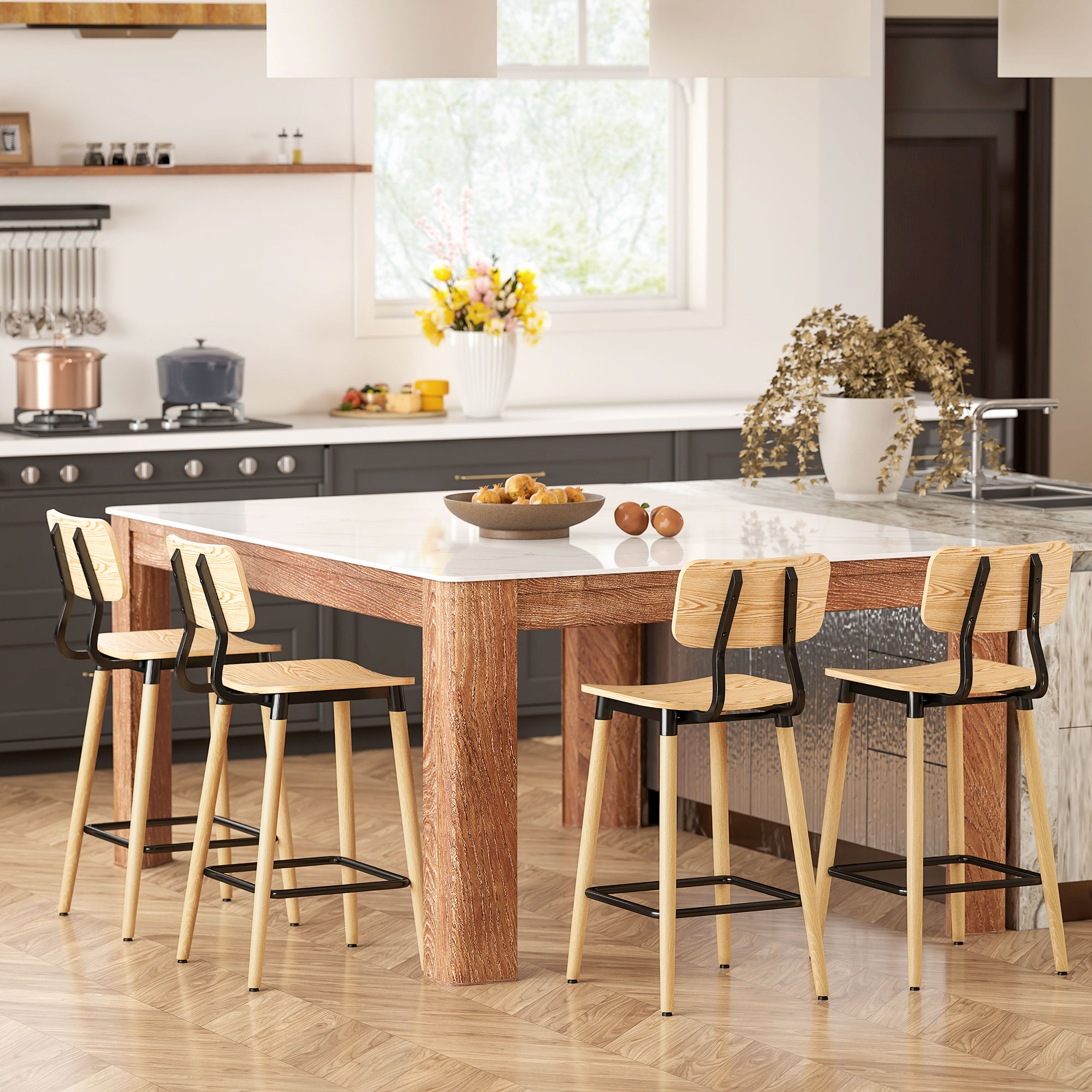 2er-Set Barhocker mit Rückenlehne, Barstühle für Hausbar, Kücheninsel, Esszimmer, Holz, Metall, Hellbraun