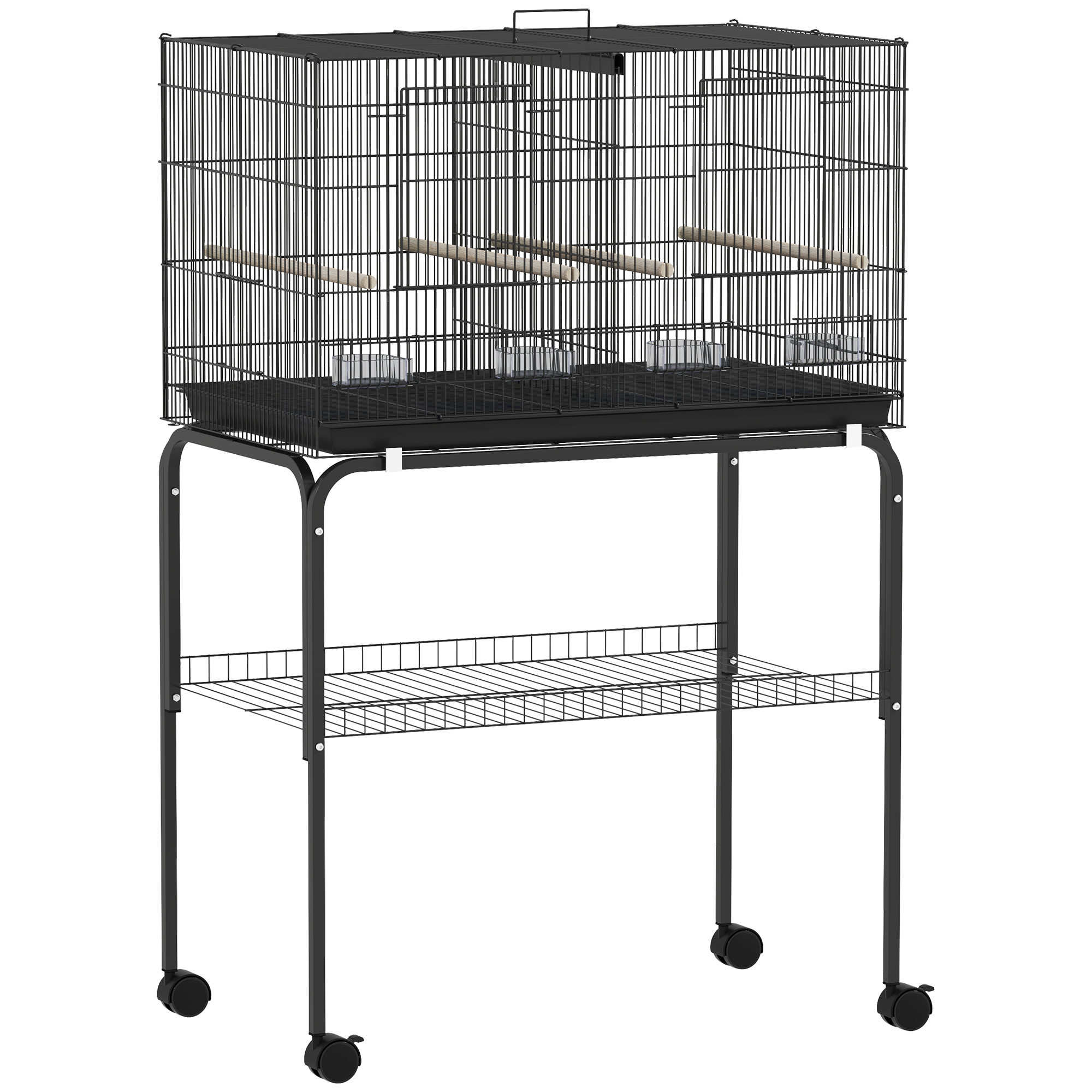 Vogelkäfig, Vogelvoliere mit Rollen, 2 Türen, 4 Sitzstangen, Ablagefach, Metall Vogelhaus 76x46x116cm, Schwarz