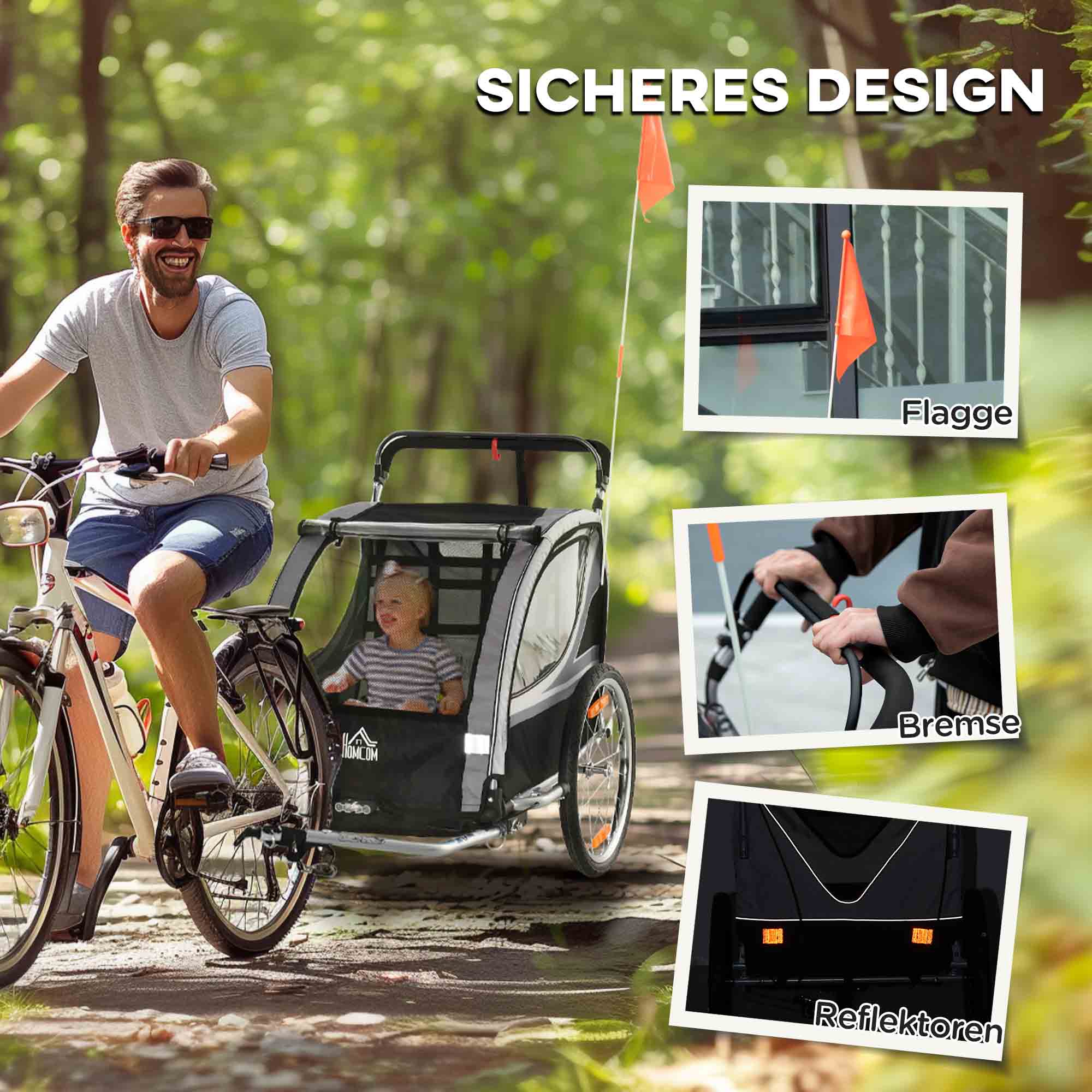 Kinderfahrradanhänger, Schiebewagen, mit Bremsen, klappbar, für 2 Kinder, Grau/Schwarz