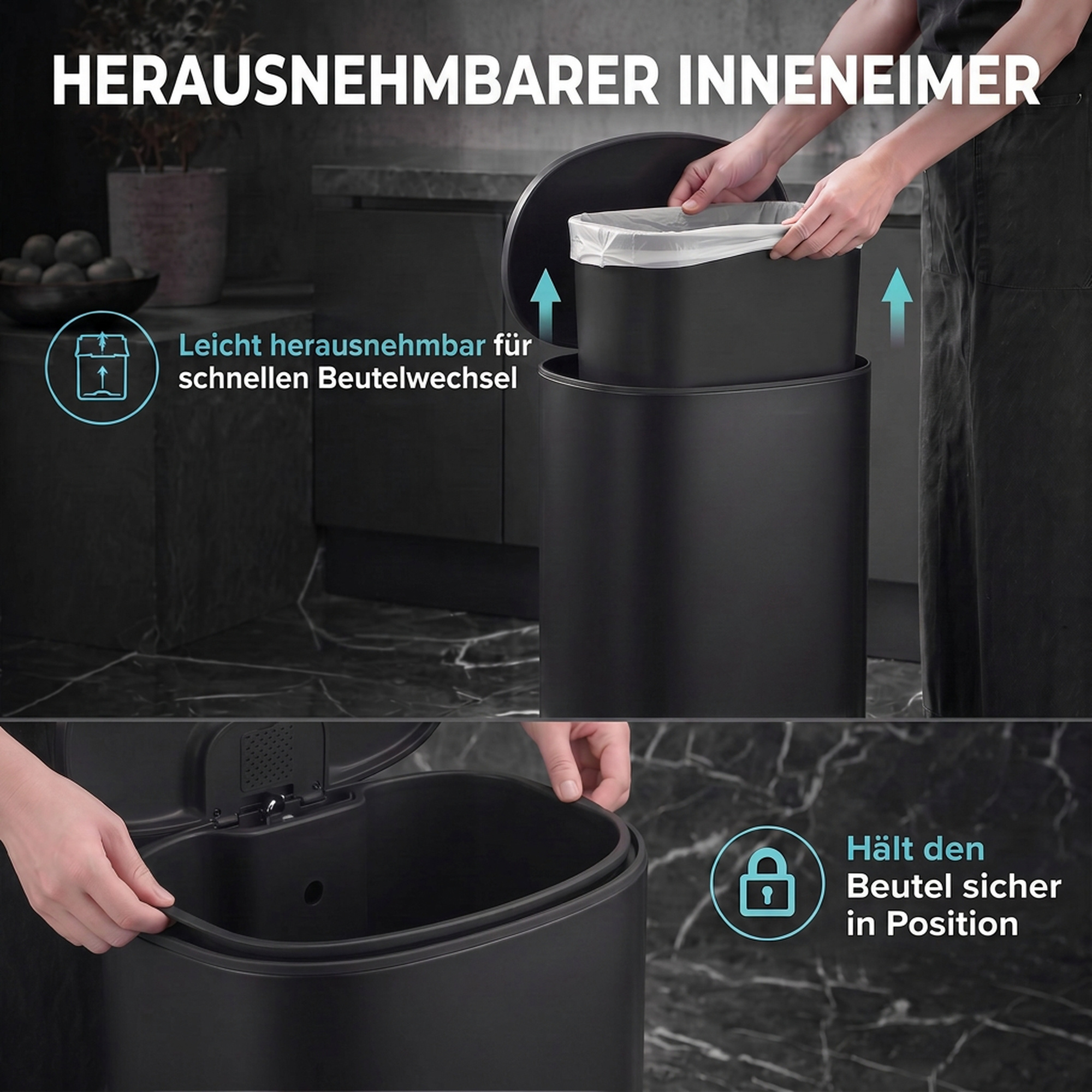 40 L Küchen-Tretmülleimer mit Soft-Close- und Offenhalte-Deckel, herausnehmbarem Inneneimer, Edelstahl, Schwarz
