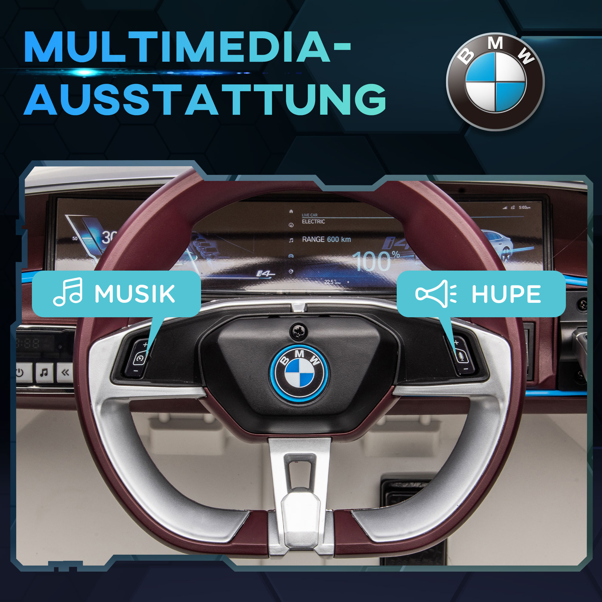 Kinderauto, aufladbarer Akku, 3-5 km/h, mit Fernbedienung, Multimedia-Player, weiß