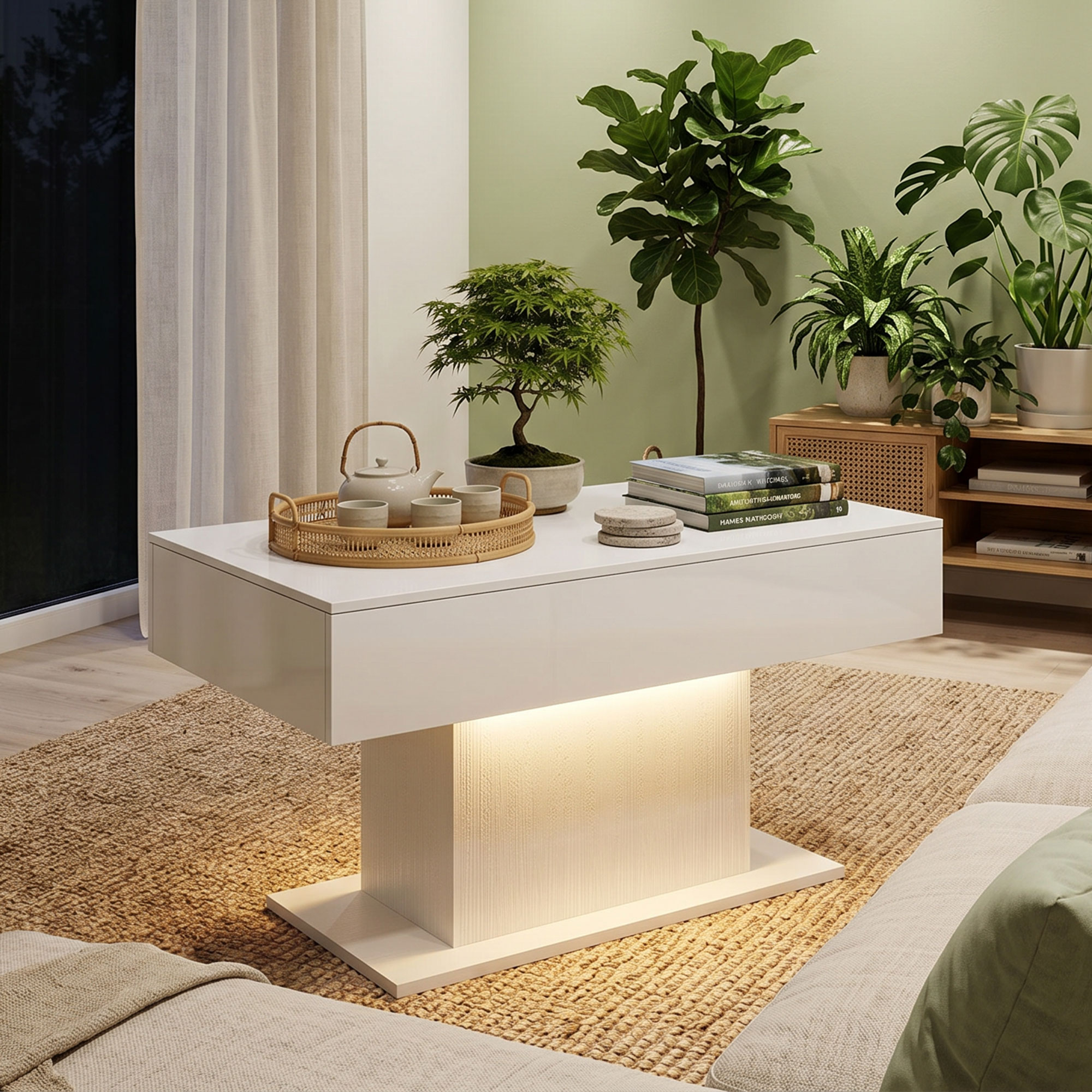 LED Couchtisch mit Stauraum, Hochglanz, Modern, 2 Schubladen & Fernbedienung, Weiß