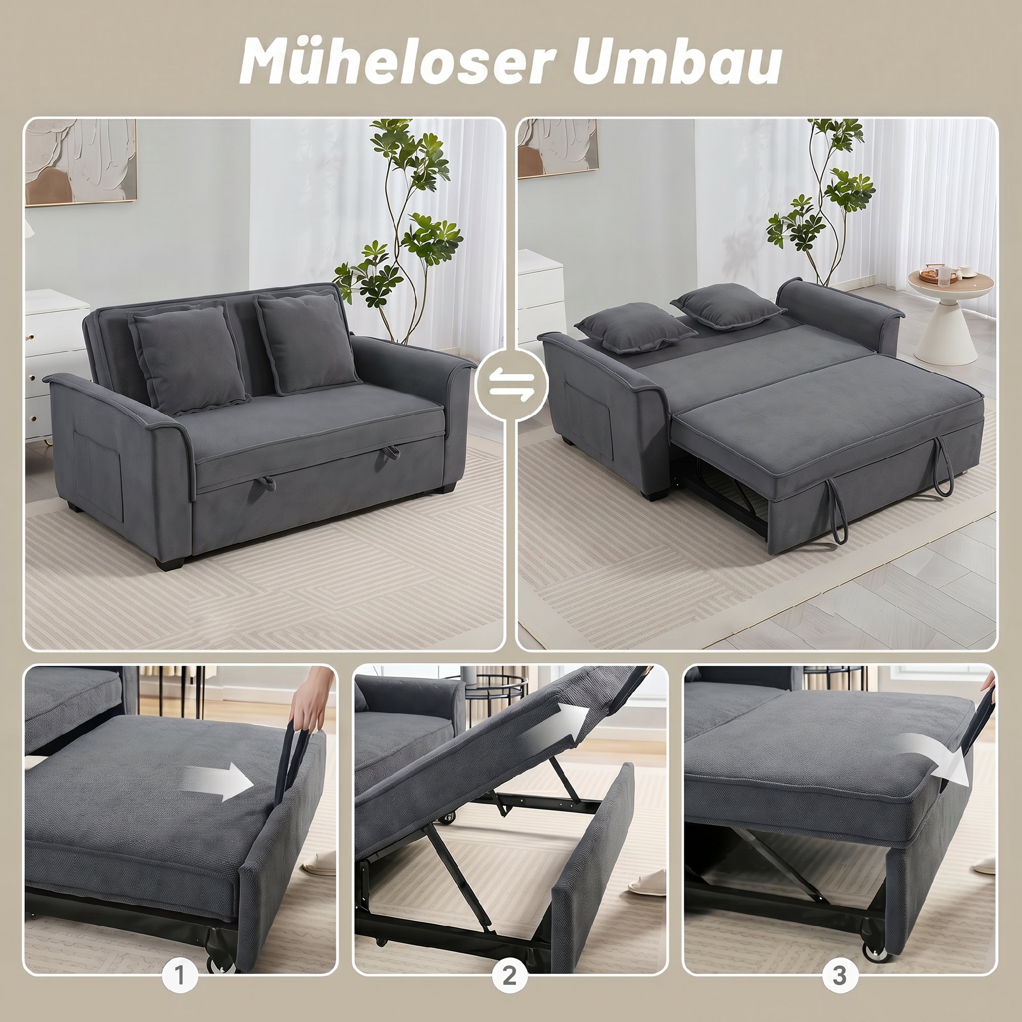 Futon-Schlafsofa, verstellbare Rückenlehne, 2-Sitzer mit 2 Kissen, Dunkelgrau