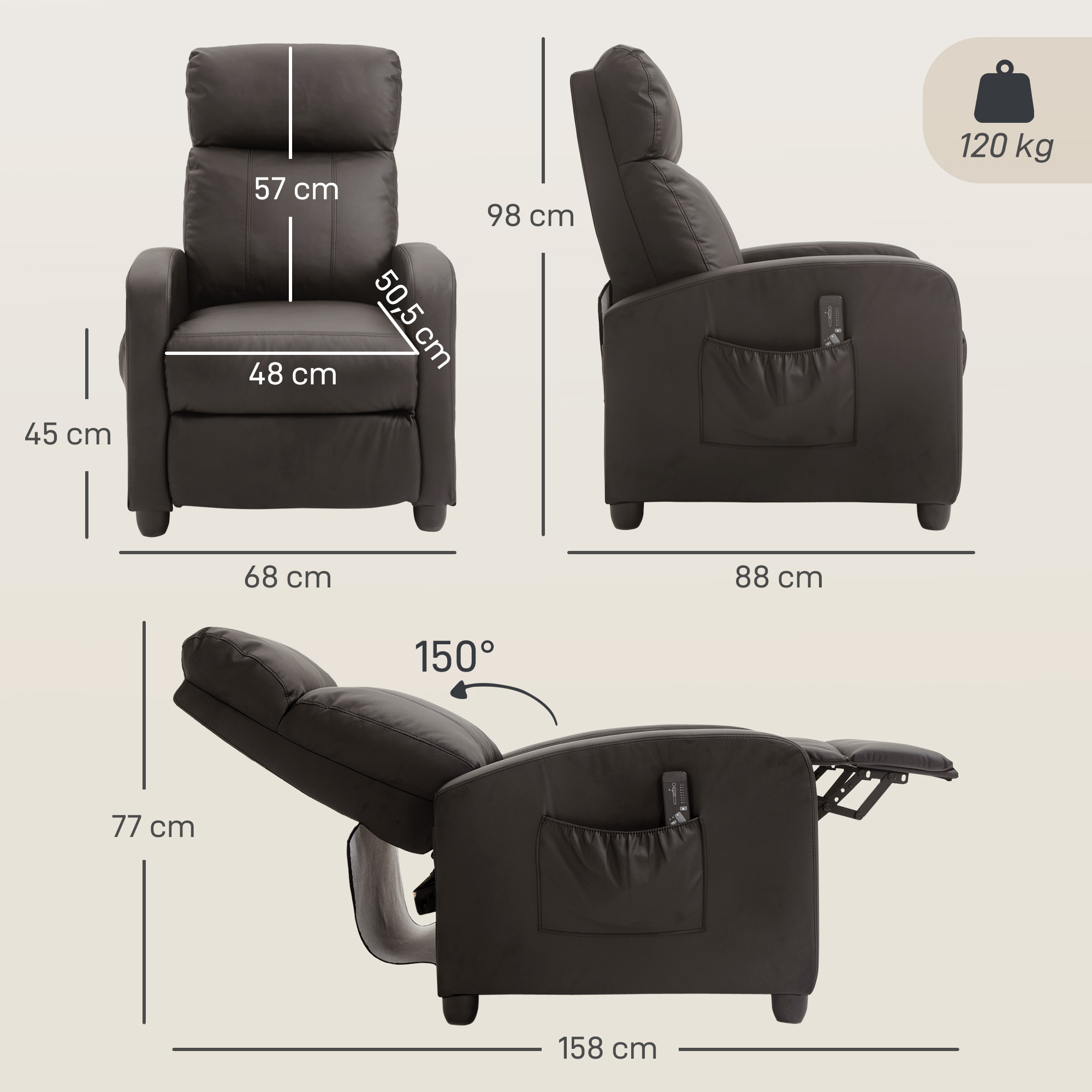 Relaxsessel Fernsehsessel mit Vibrationsmassage, Liegefunktion, 2 Massagepunkte, Fernbedienung, 68 x 88 x 98 cm Braun