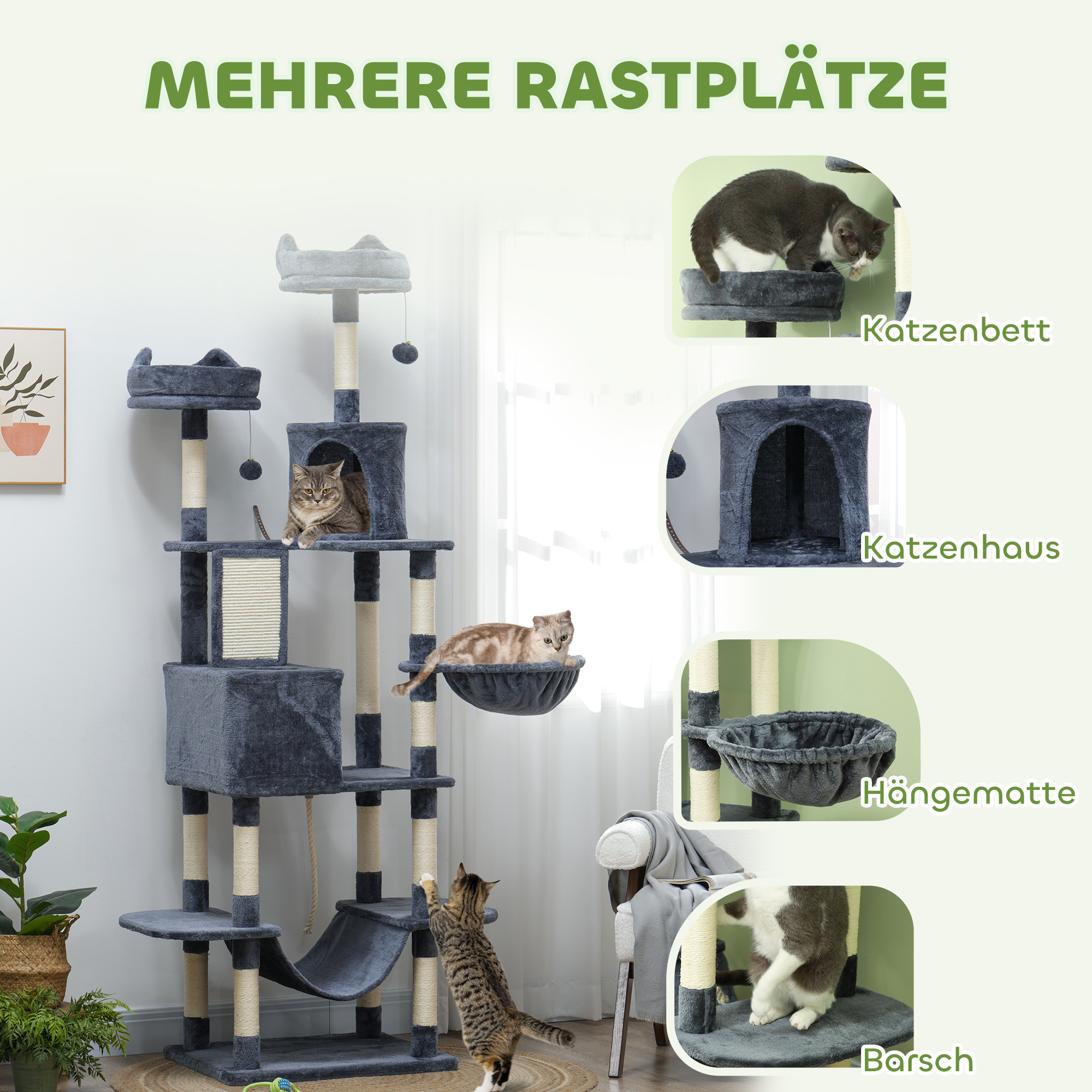 Kratzbaum 206 cm Katzenturm mit Höhle, 2 Spielballen, Sisalstämme, Plattform für große Katzen, Dunkelgrau