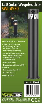 LED Solar Wegeleuchte "SWL-AS50" / IP44, warmweiß 3000K, PIR Sensor, 50cm