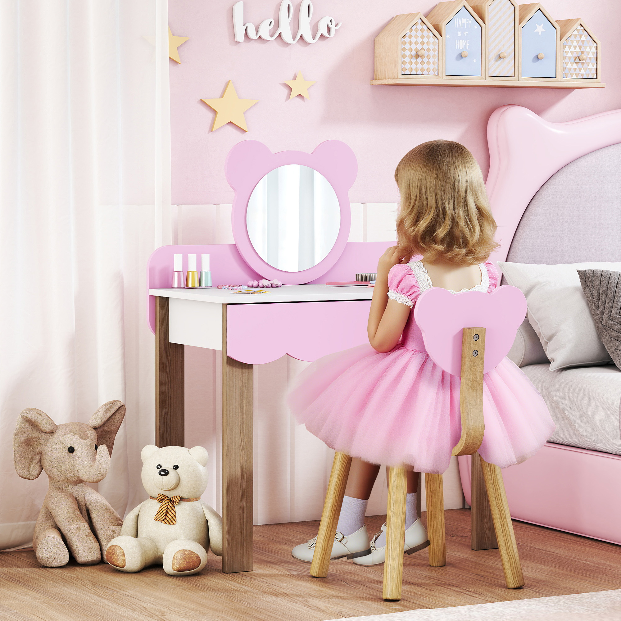 Frisiertisch-Set mit Hocker für Kinder, Schminkspiegel, Bärchenform, Schublade, MDF, Rosa