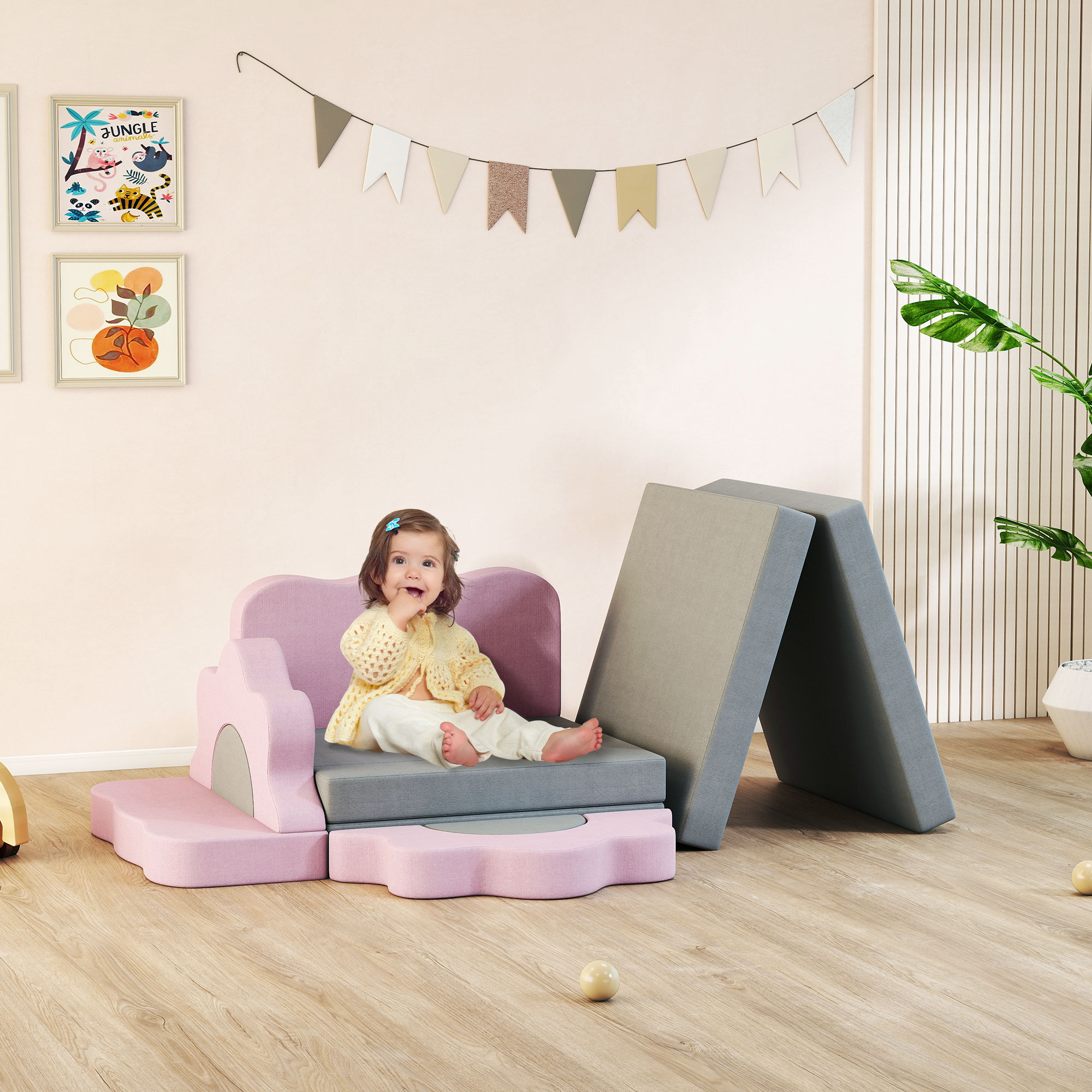 12-teiliges Set Schaumstoffblöcke zum Klettern, Bauen, Krabbeln, Indoor-Spielmatten mit Cordbezug, Grau+Rosa