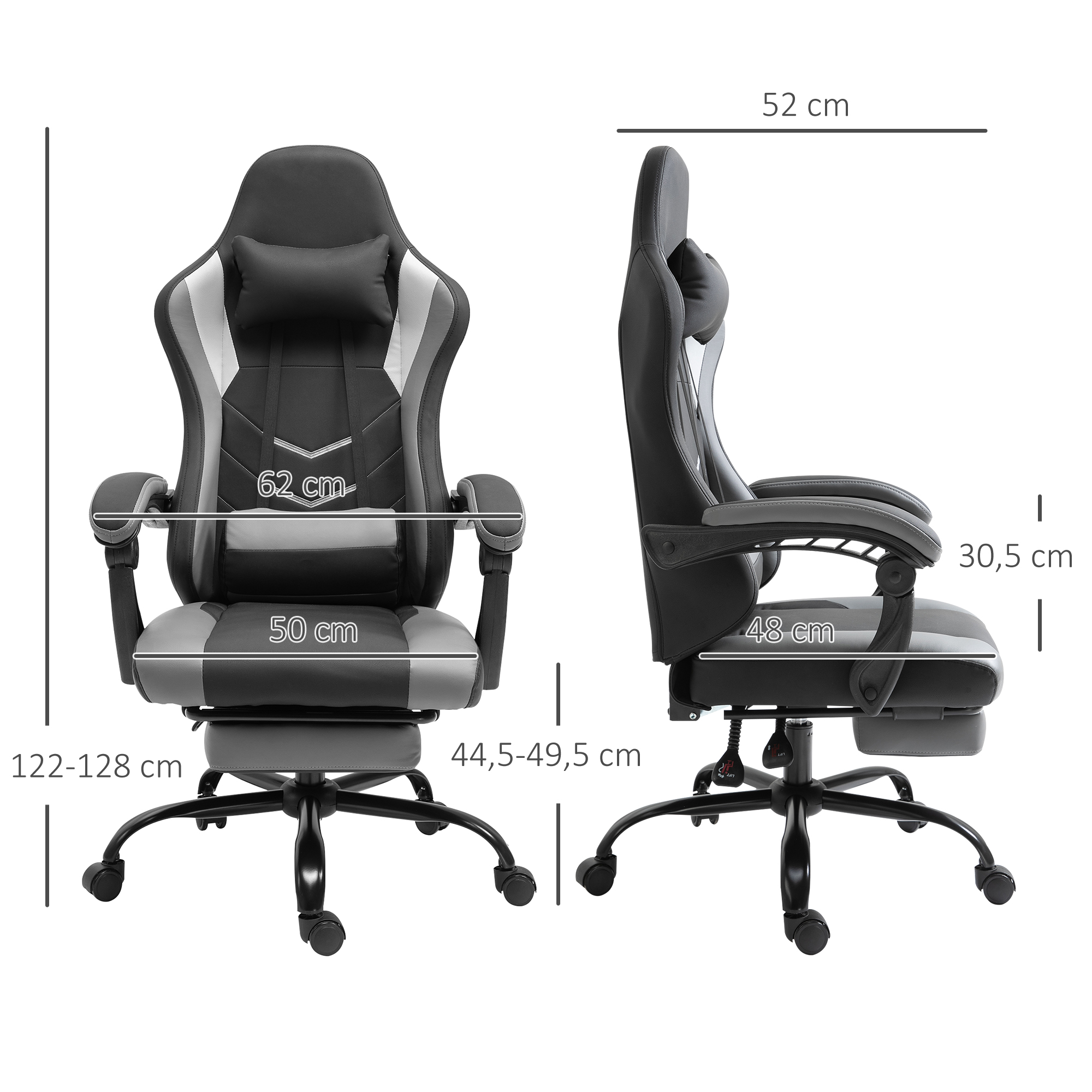 ergonomischer Gaming Stuhl Bürostuhl Schreibtischstuhl, Drehstuhl Höhenverstellbar, Verstellbares Lendenkissen mit Fußstützen Schwarz 62x52x128 cm