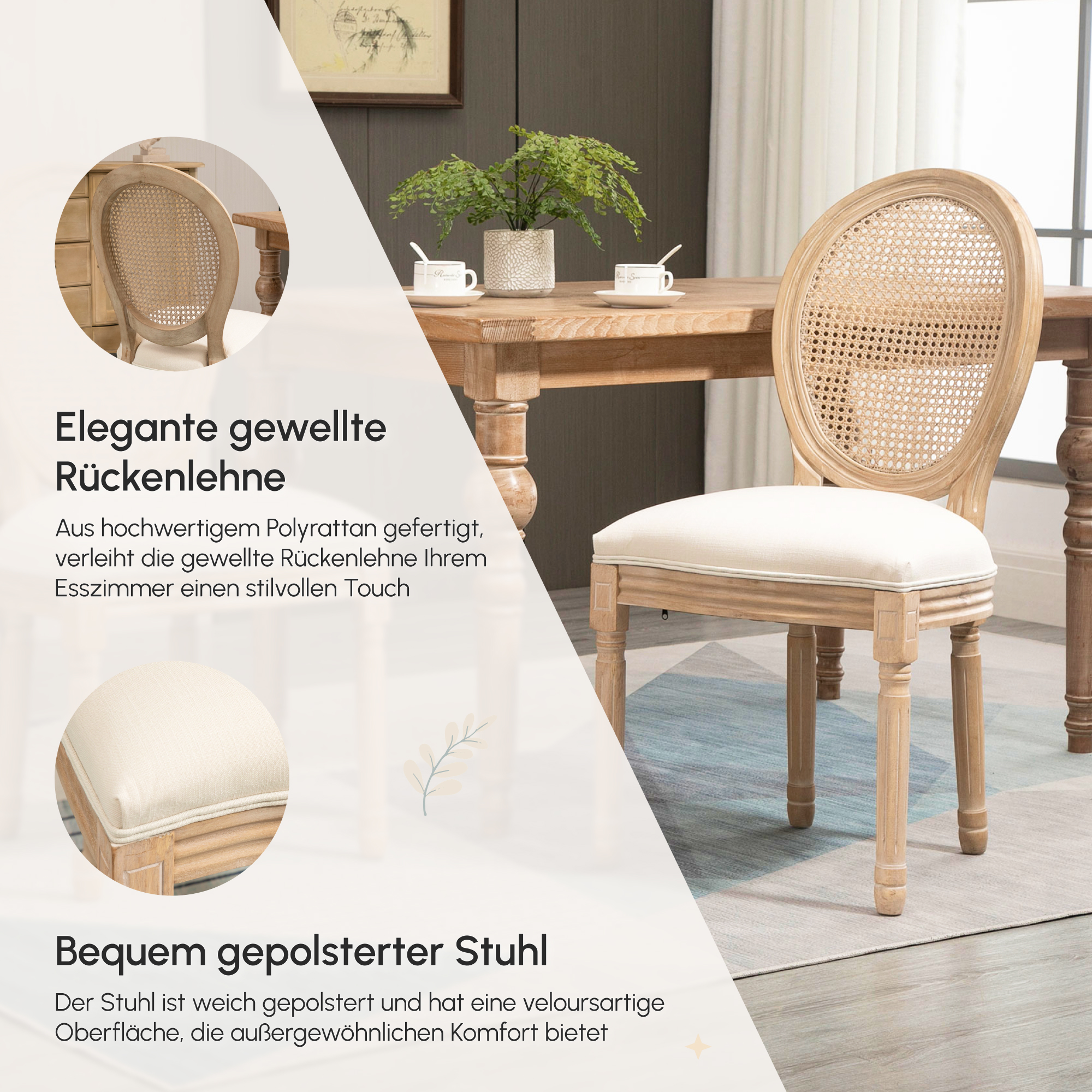 2er-Set Küchenstühle Polsterstühle Wienergeflecht, Massivholz, 49 cm x 56 cm x 96 cm, Cremeweiß +Natur