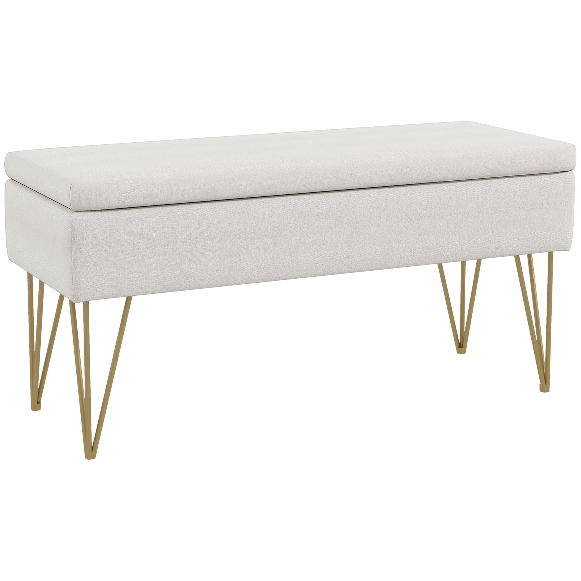 Bettbank mit Stauraum, dicke Polsterung, atmungsaktiver Stoff, Stahlfüße, 100x40x49 cm, Creme