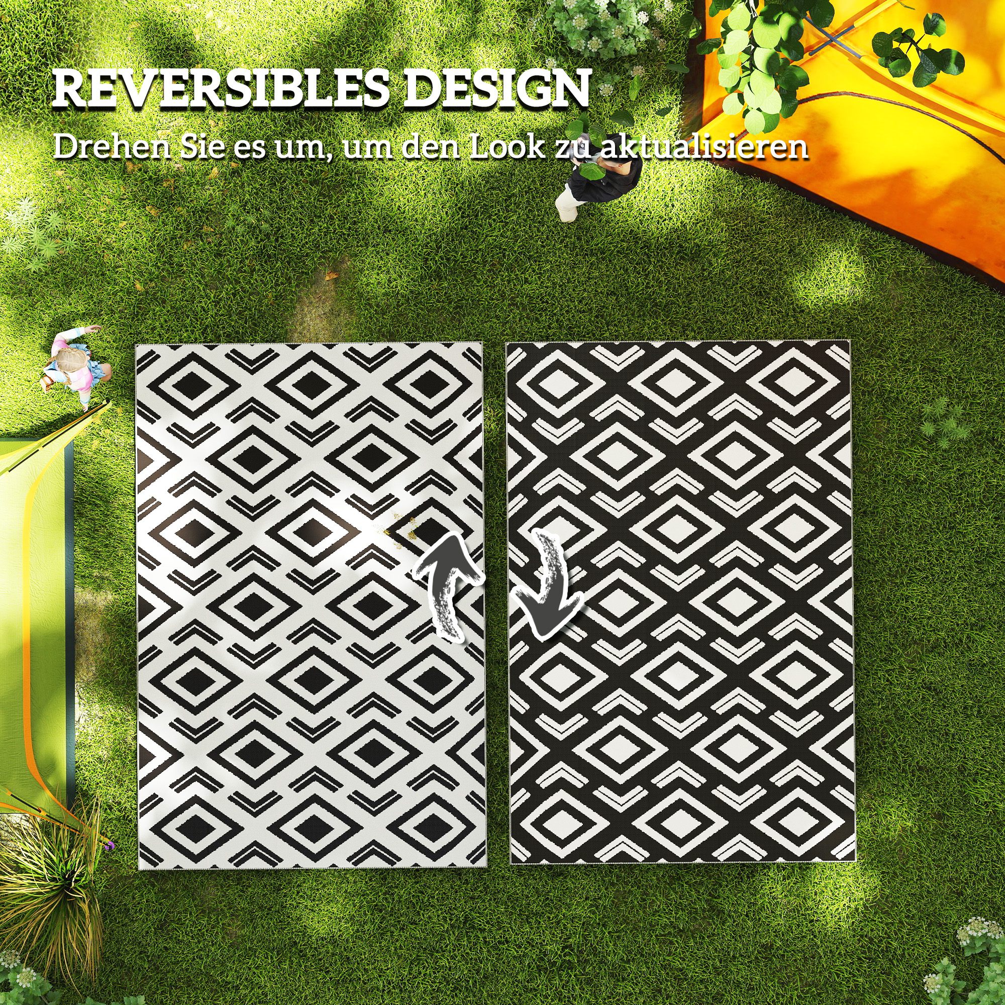 Outdoor Teppich robuster Wetterfest Outdoorteppich mit Tragtasche, faltbar Carpet Boho-Style 182 x 274 cm Schwarz+Weiß