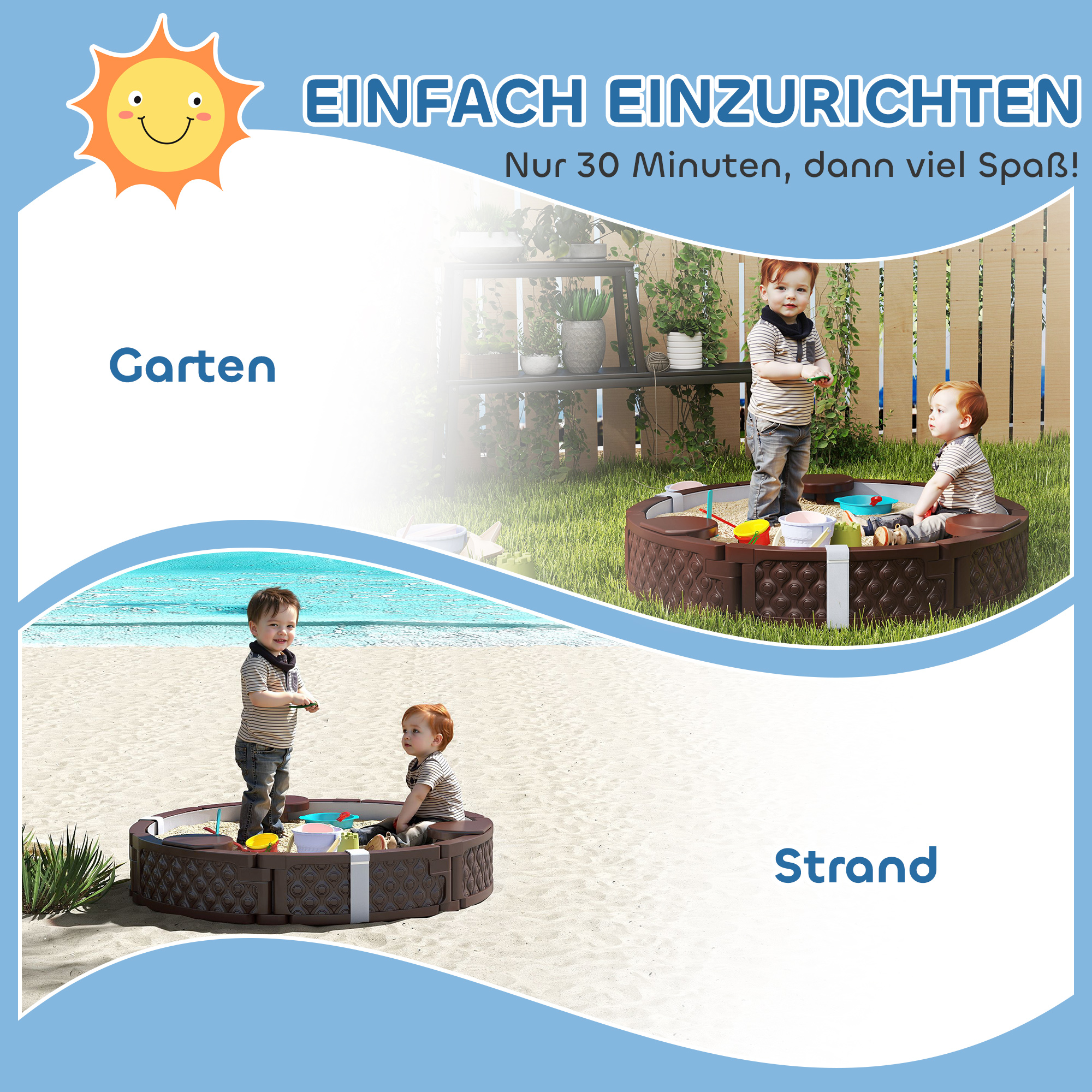 Sandkasten, Runde Sandkiste für bis zu 3 Kinder, mit 3 Sitzen, wasserfeste Unterlage, Schutzplane, 300 kg Sand