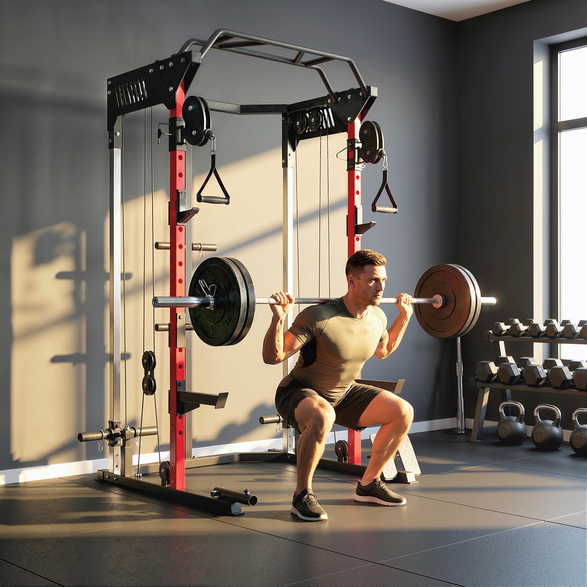 Power Cage Smith Machine, Power Rack mit verstellbarem Kabelzugsystem, multifunktional bis 300kg