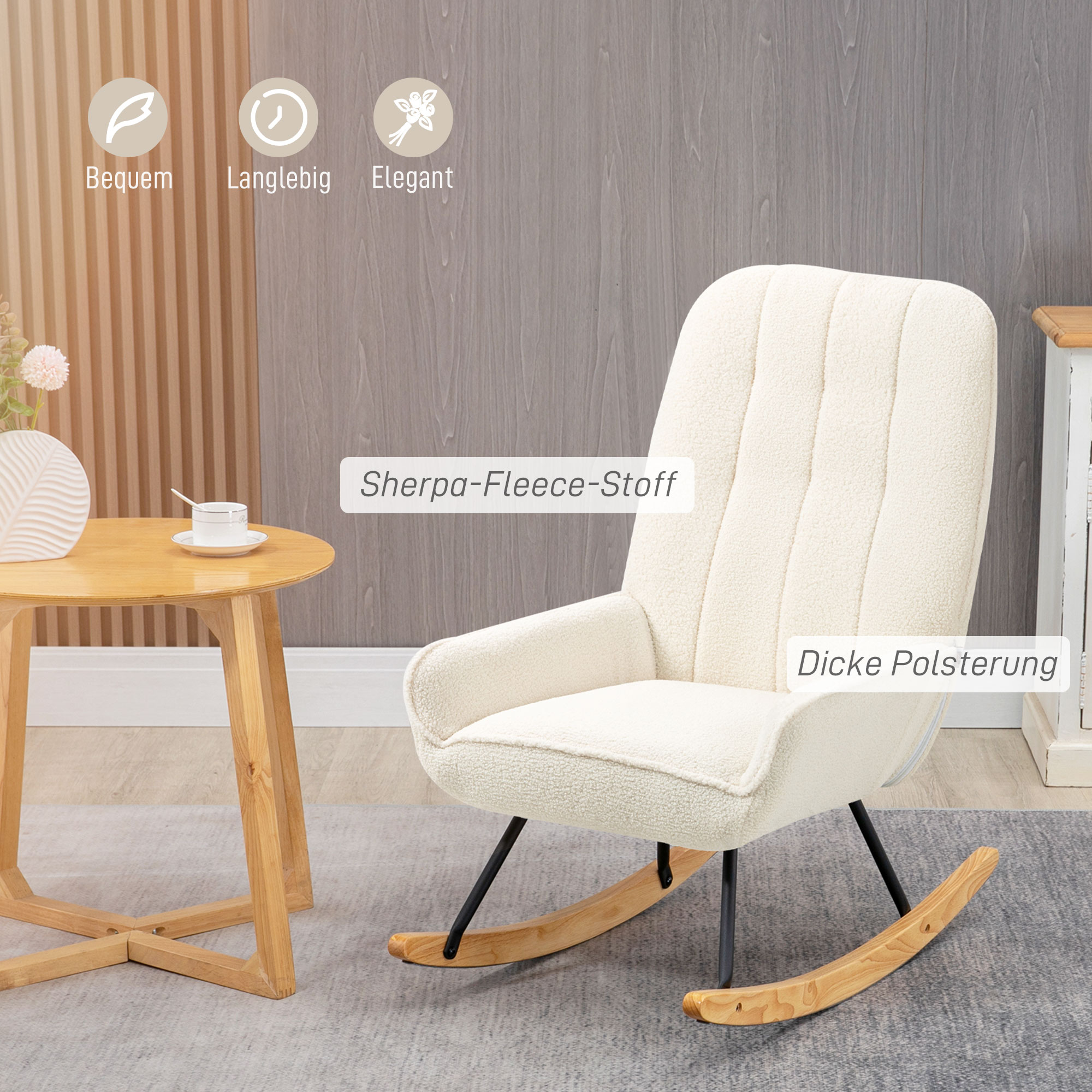 Schaukelstuhl mit Sherpa-Vlies 63 cm x 95cm x 97 cm Natur+ Creme