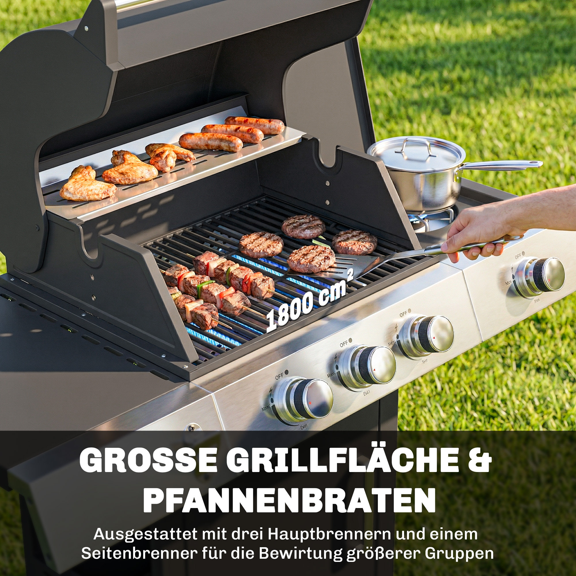 Gasgrill 10,5 KW 3+1 Brenner BBQ Grillwagen Edelstahl inkl Seitenbrenner Flaschenöffner Thermometer Gusseisen-Grillrost