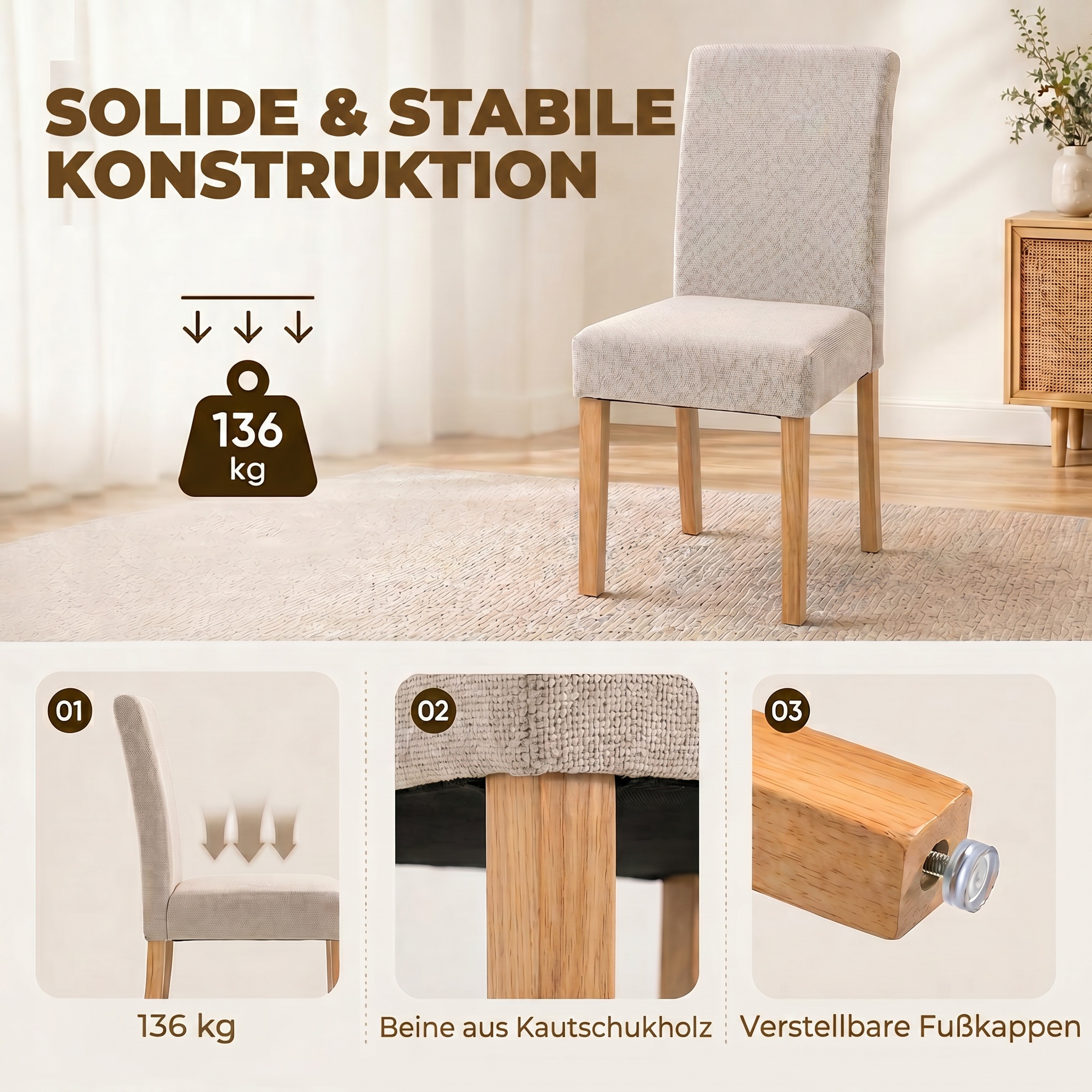 Esszimmerstühle im 2er-Set, moderne Leinen-Polsterstühle mit gepolstertem Sitz und Rückenlehne, Beine aus Kautschukholz